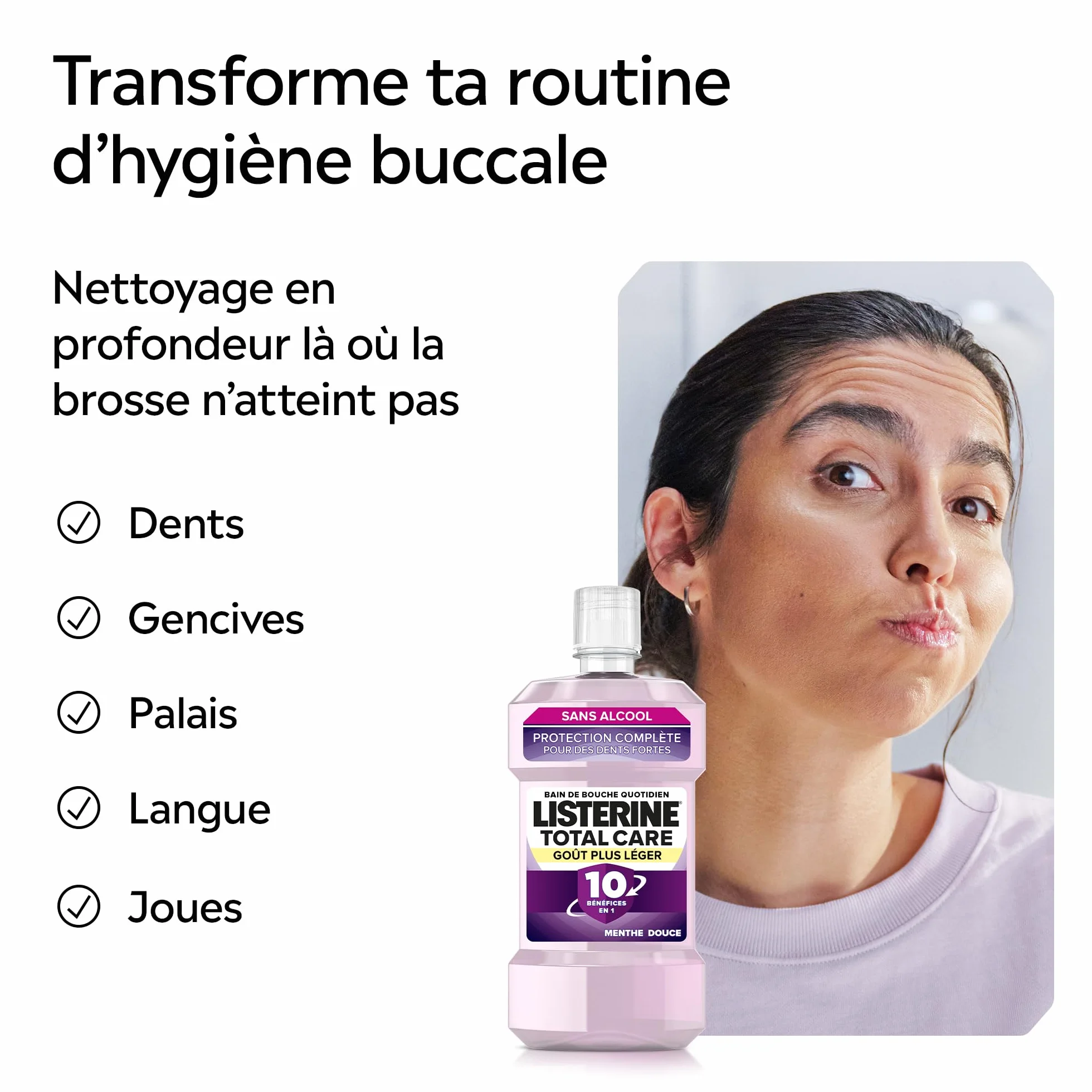 Listerine Bain de Bouche Total Care Goût Plus Léger 0% alcool 500 ml Soin bucco-dentaire 10 bénéfices en 1 Haleine fraîche durable