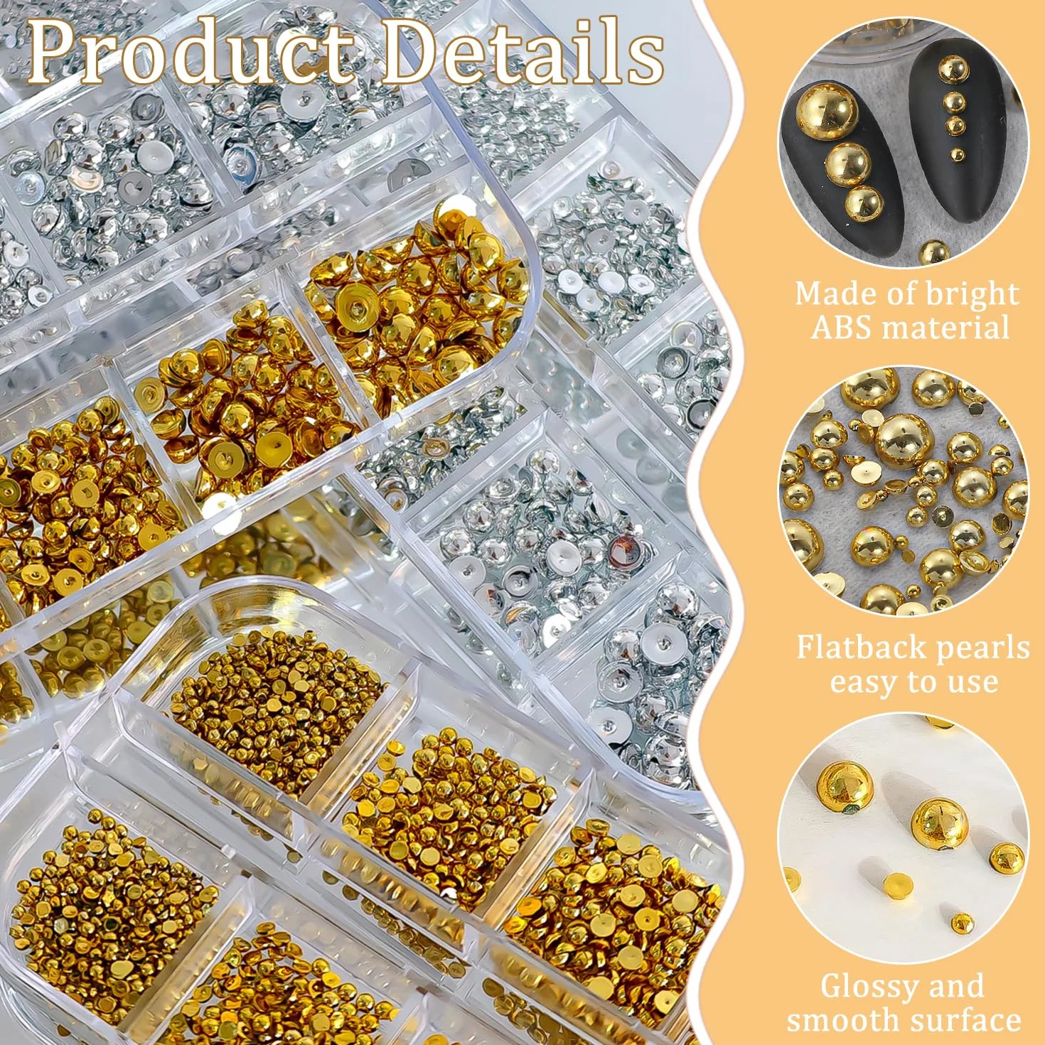 Boîte 3D Flatback Perle Ongle Argent et Or, Demi-Rondes Métal Nail Art