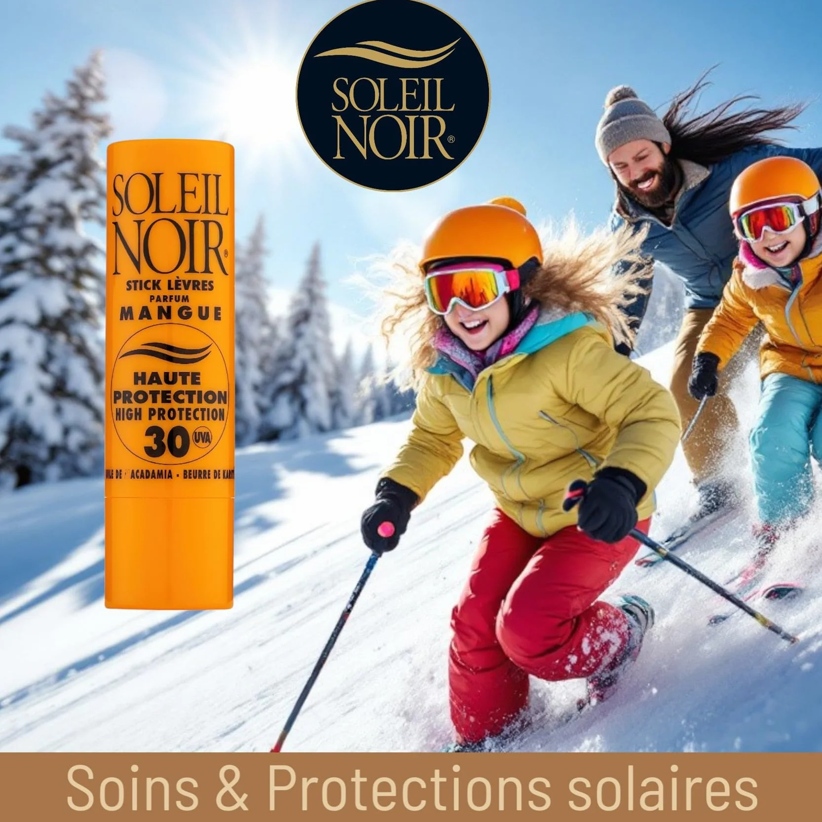 Soleil Noir Stick Lèvres Goût Mangue SPF 30 Haute Protection Solaire Nourrit Hydrate Protège Huile de Macadamia Beurre de Karité Fabrication Française 4g