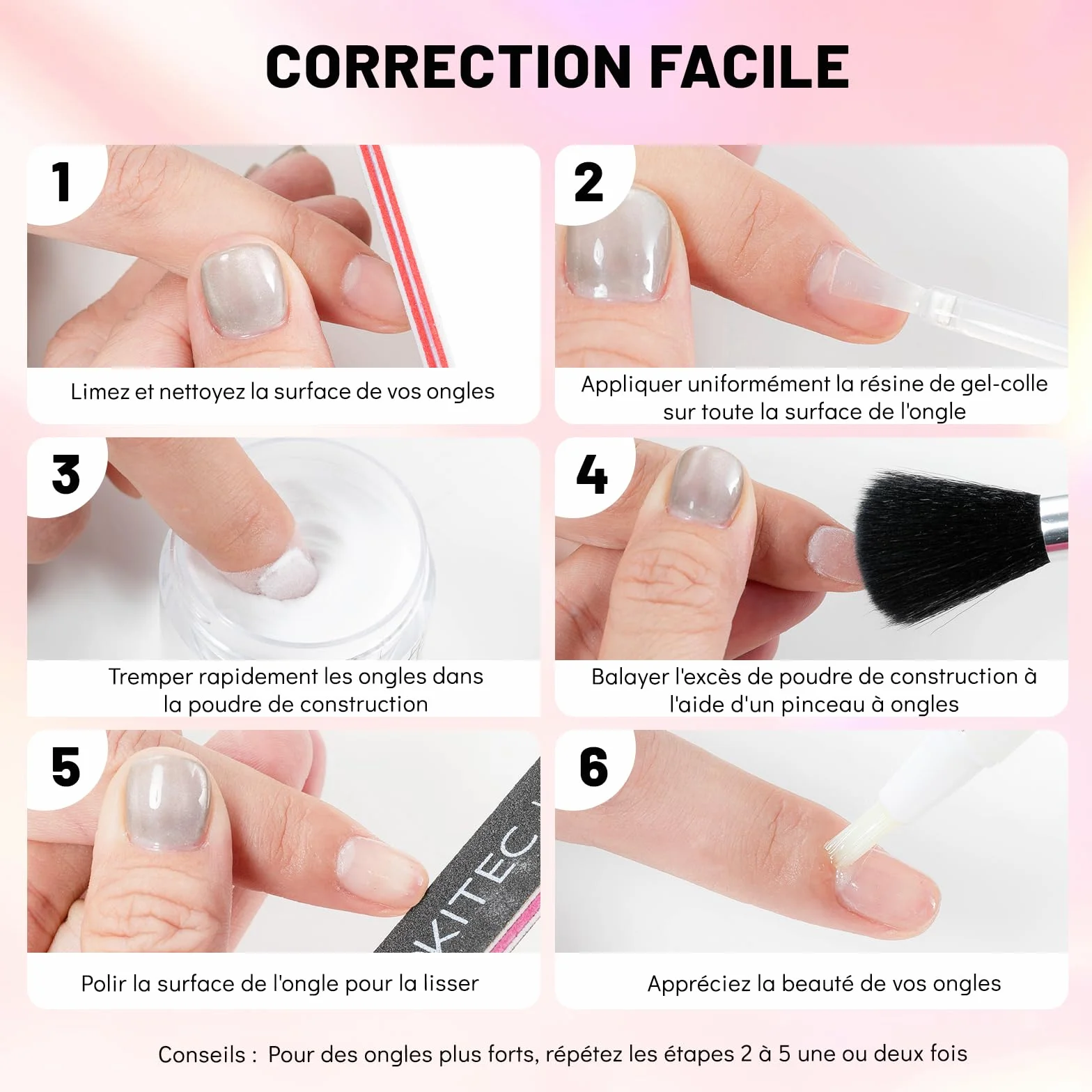Aokitec Kit de poudre Dip Build 28 g avec colle de réparation pour ongles naturels cassés, séchage rapide à l'air libre