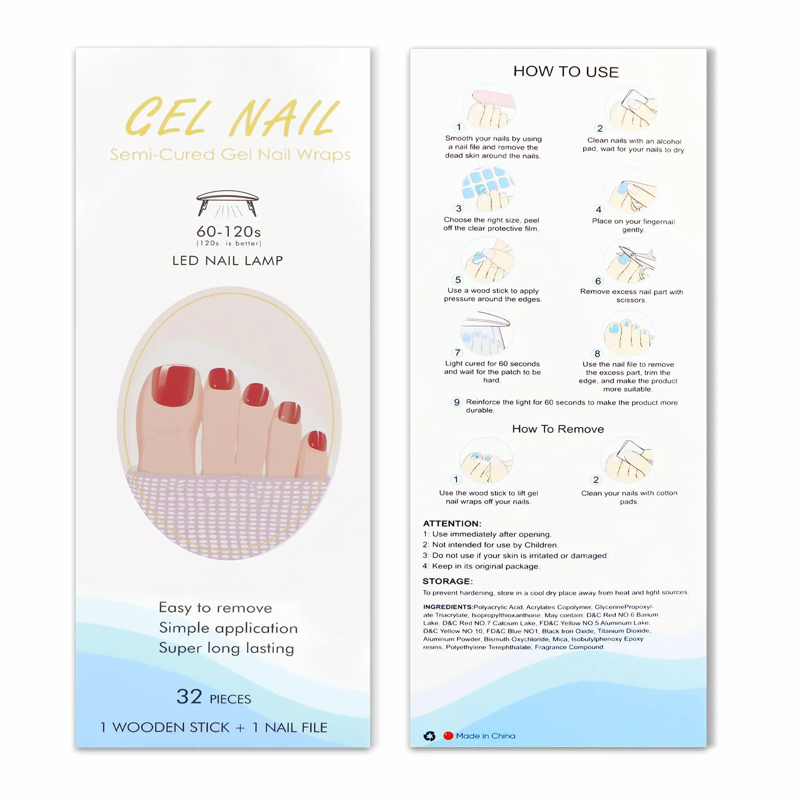 Gel Nail Stickers Orteil Rouge 32 Bandes Semi-durci UV Art Ongle Manucure