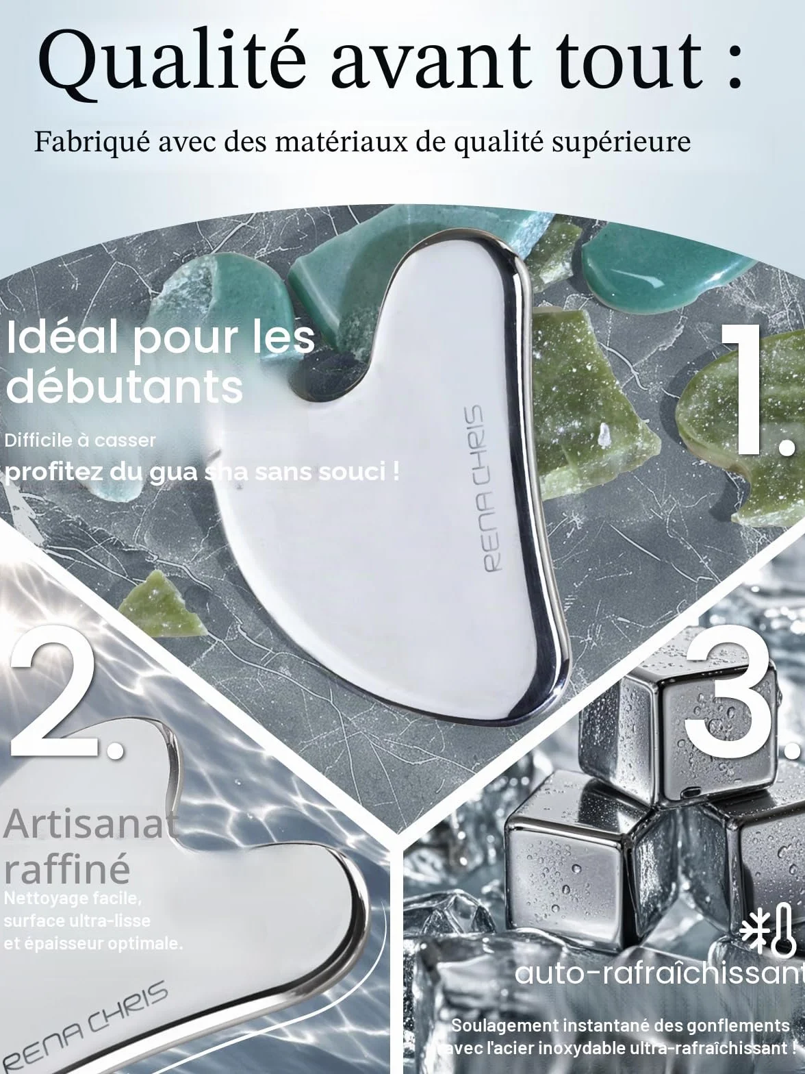 Rena Chris Gua Sha Visage Acier Inoxydable pour Sculpter la Ligne de la Mâchoire et Réduire les Poches