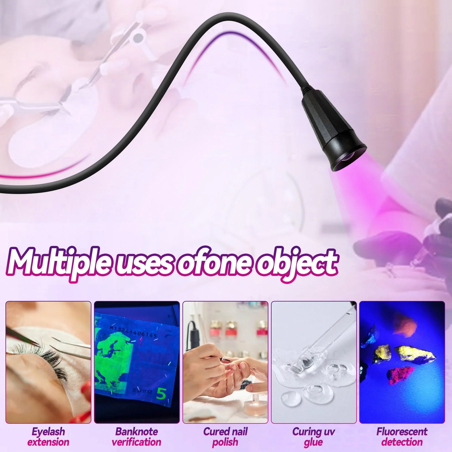 Lampe de cils UV 10 W LED UV pour durcissement à la lumière, guérison rapide en 3 à 5 secondes, taille réglable avec lunettes de protection et interrupteur au pied, noire