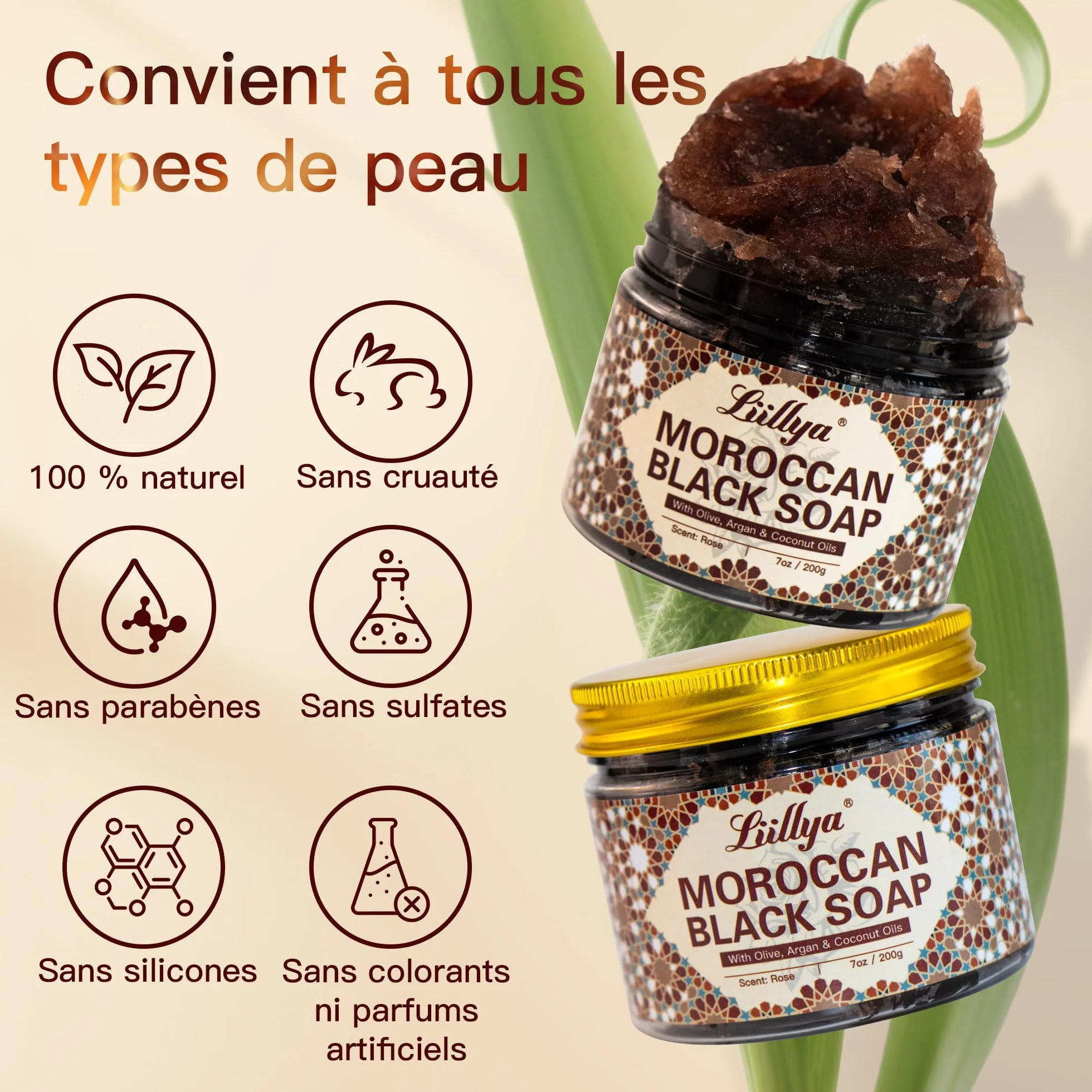 Savon Noir Corps Marocain à l'Huile d'Olive, Argan, Coco & Rose, Beldi Traditionnel Kessa Hammam, Gommage Exfoliant Hydratant, 200g