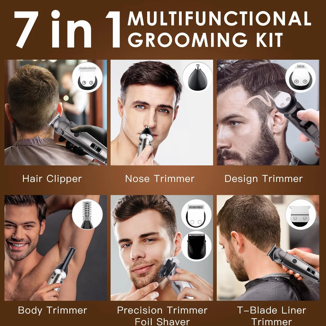 Hatteker Tondeuse Barbe Homme Tondeuse Cheveux Hommes Professionnelle Avec Lame en T de Coupe de Cheveux Chauve 0 mm Rasoir électrique Tondeuse Corps de Précision pour Nez 7 en 1
