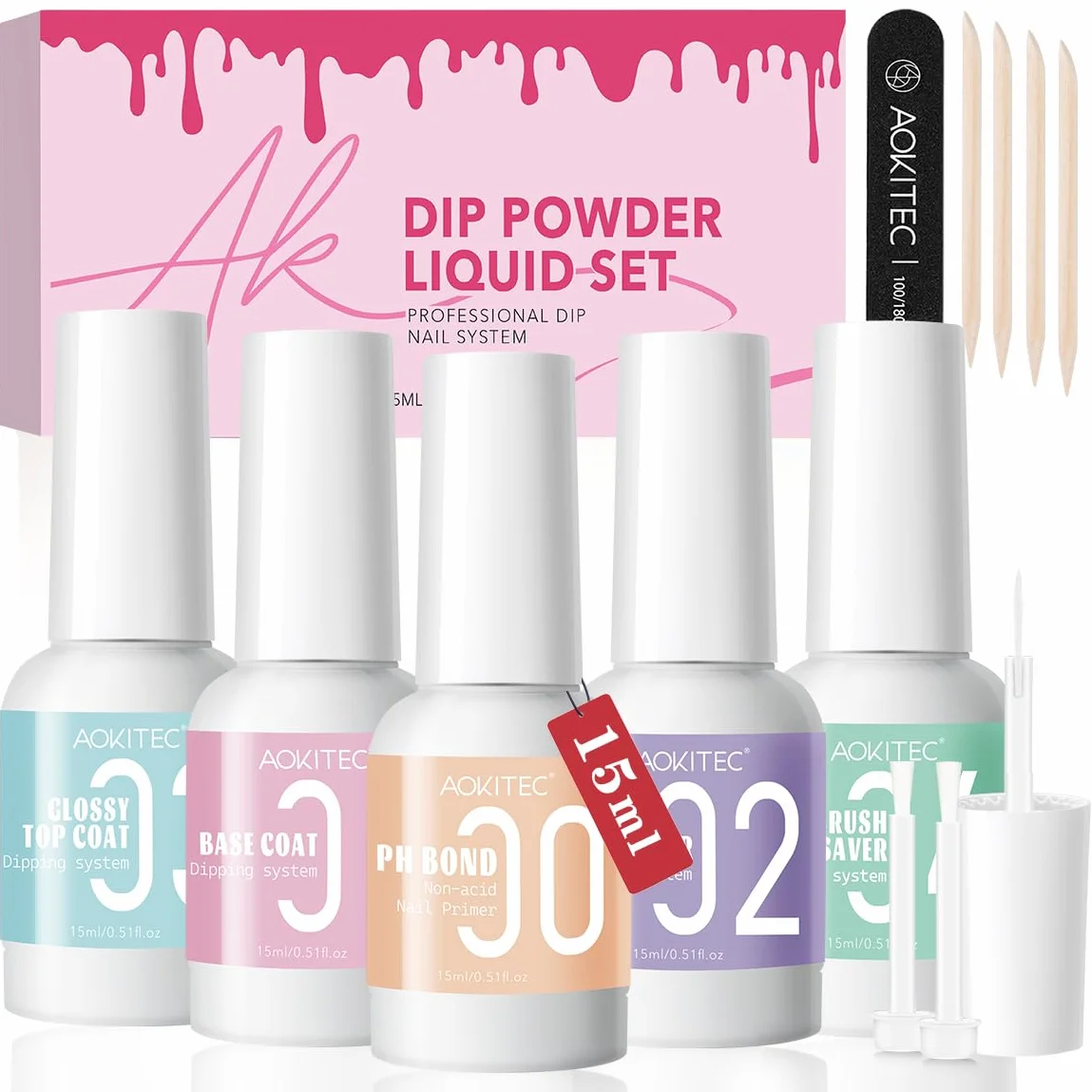 Aokitec Lot de 13 Poudres de Trempage Liquides – Kit d'Outils pour Ongles avec Adhésif, Activateur, Base, Couche de Finition Brillante