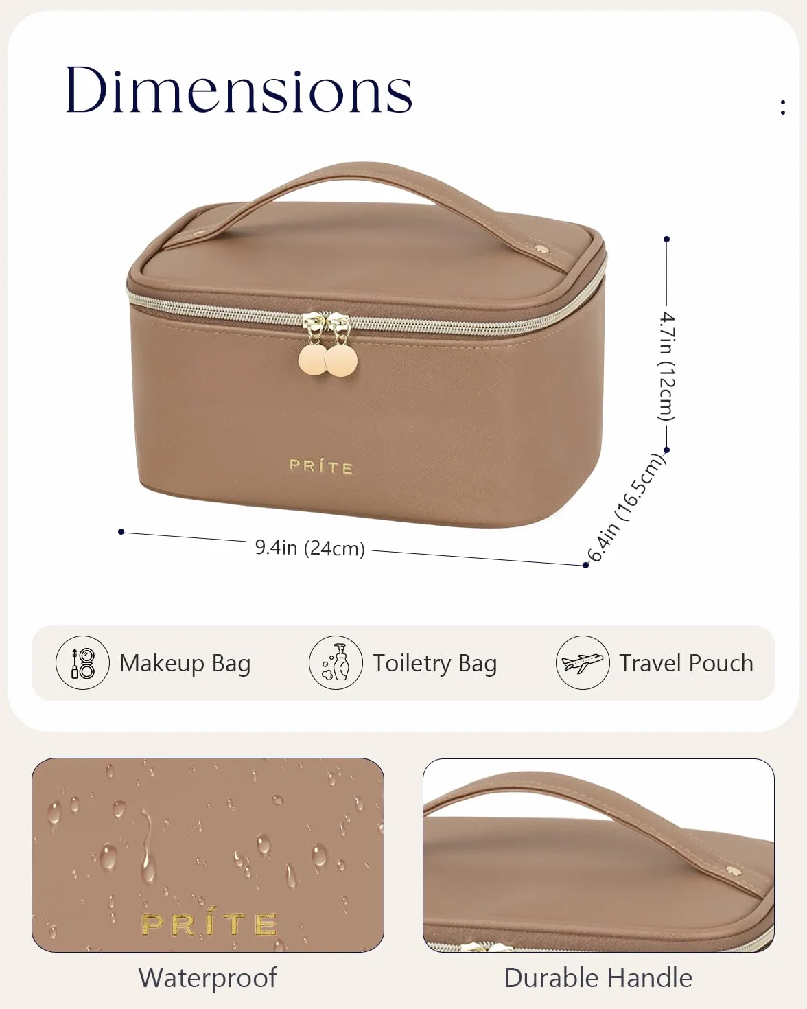 Prite Grand Trousse de Maquillage Femme Vanity Voyage Cuir Imperméable Poignée Séparateur Amovible Marron