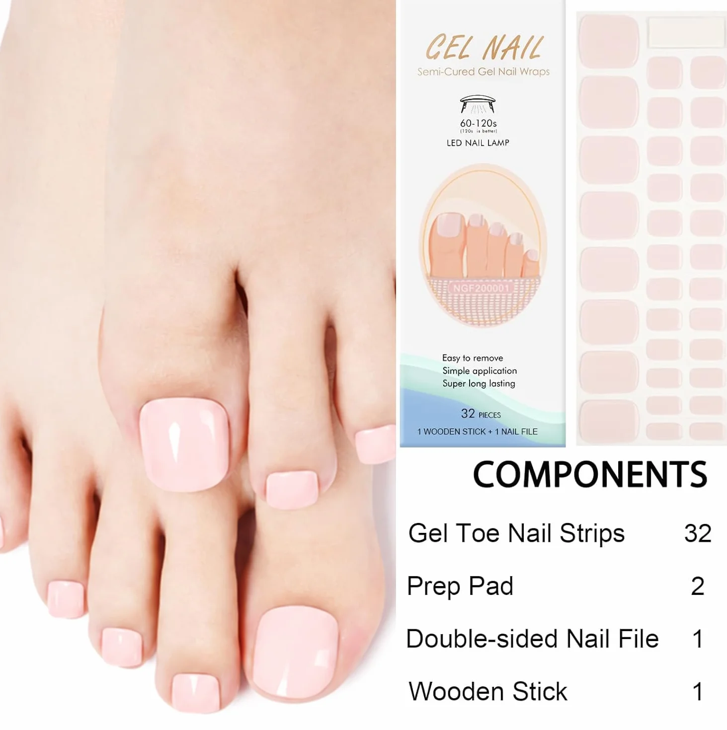 Autocollants de Vernis à Ongles d'Orteil Semi-durci 32PCS, Couleur Unie, Autocollants Ongles Pieds Couverture Complète, Sticker Ongle Auto-adhésif, Bandes d'Ongle d'Orteil pour Femme Fille (Nude Rose)