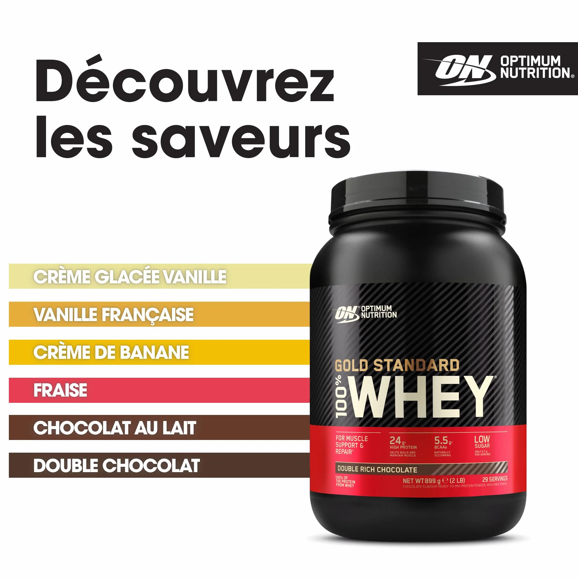 Optimum Nutrition Gold Standard 100% Whey Protéine en Poudre, Double Chocolat Riche, 899g