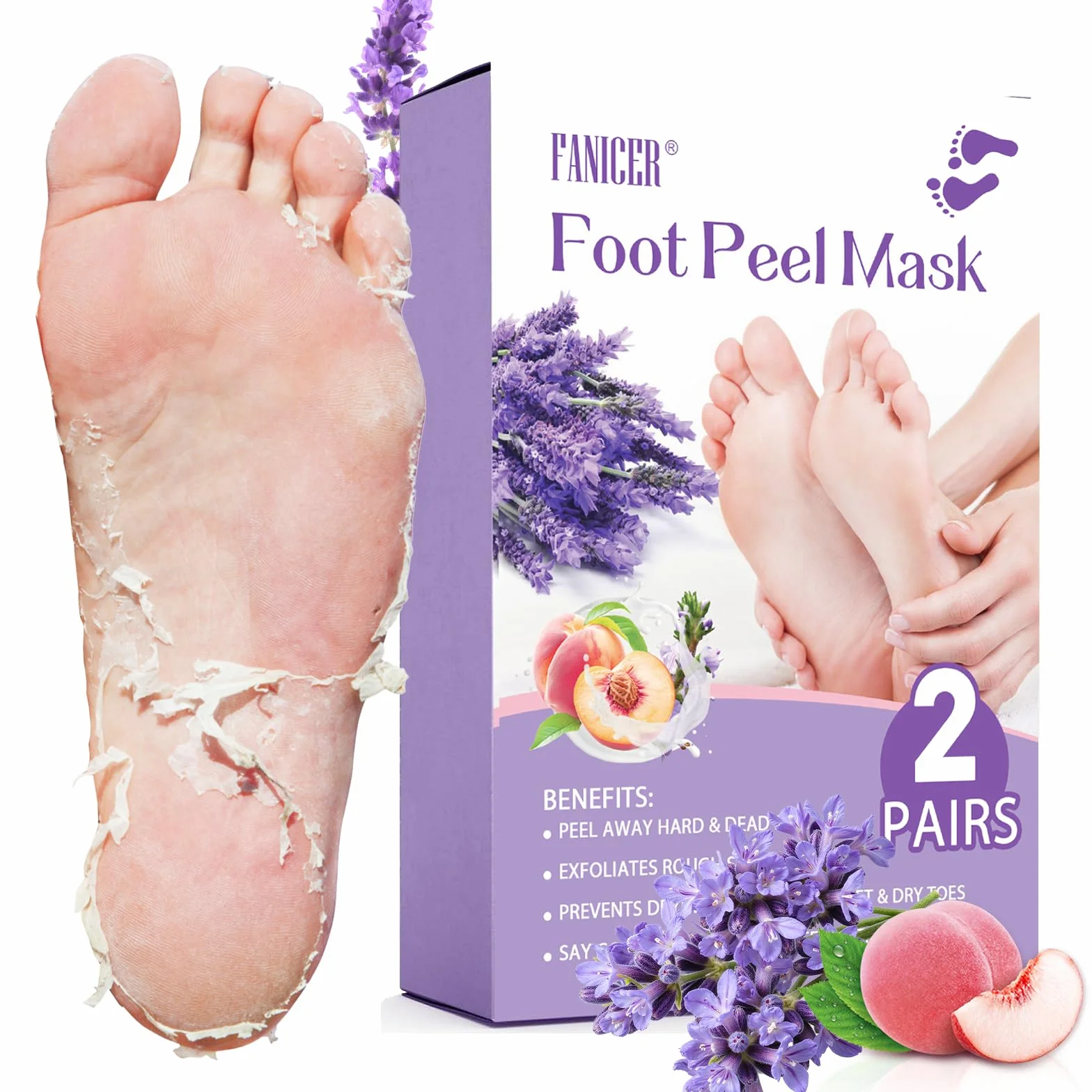 Masque Pied Peeling Exfoliant Nourrissant pour Femmes Hommes, Soin des Pieds (Pêche et Lavande)