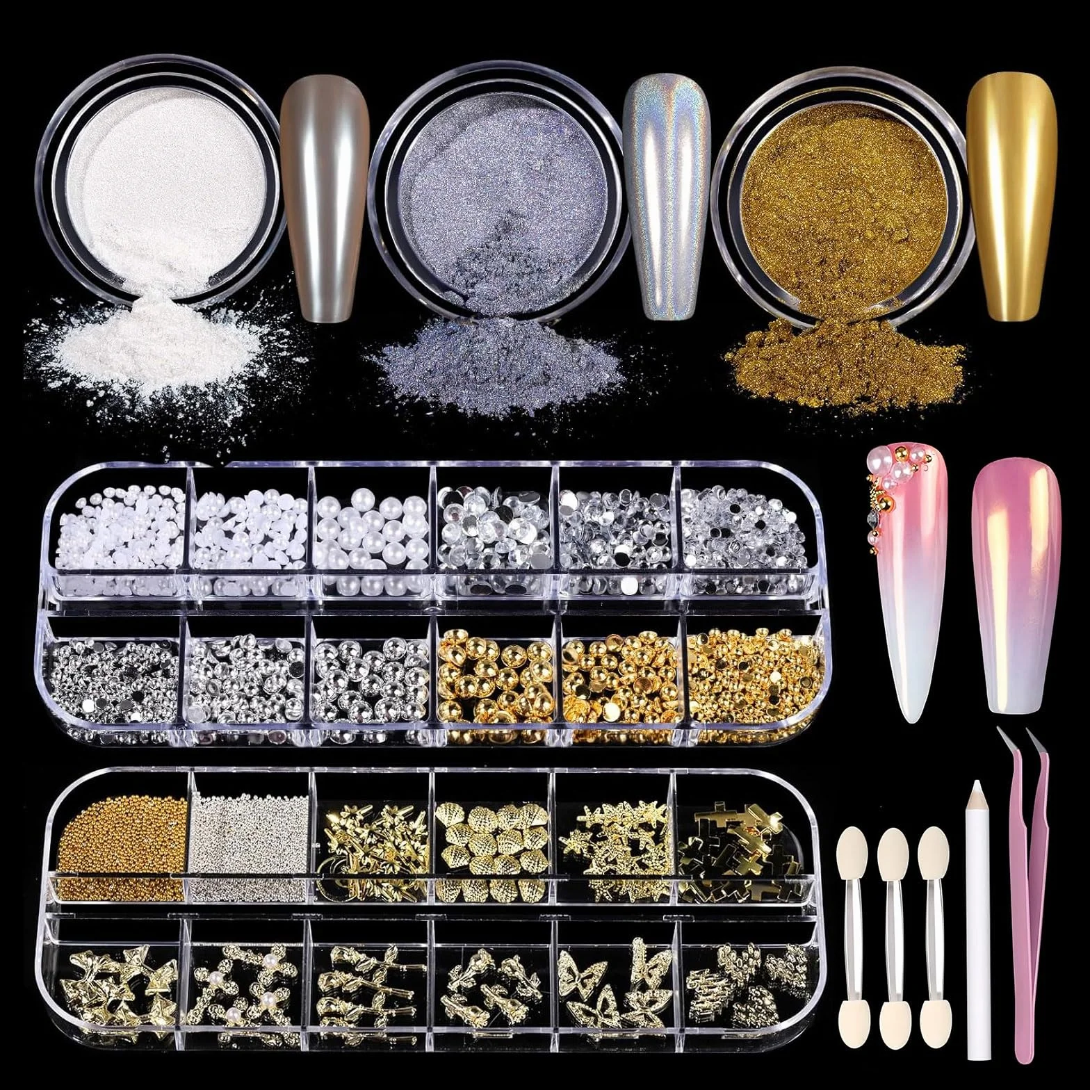 Kit de Poudre à Ongles Chrome Or VelvetGlow avec Breloques et Pierres Précieuses
