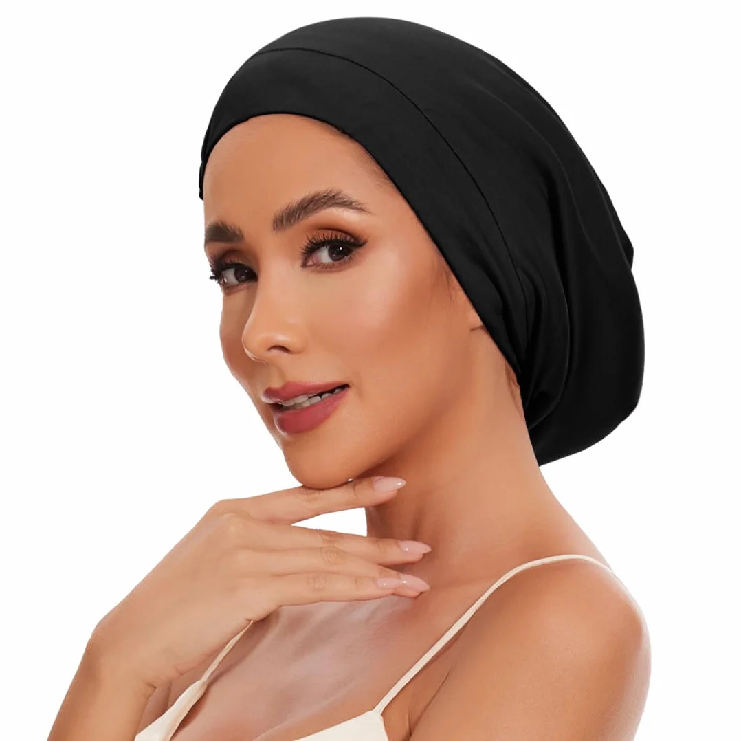 Bonnet de nuit en 100 % soie de mûrier pour femme - Bonnet de nuit en soie avec fermeture réglable - Bonnet souple à doublure en soie pour boucles et cheveux longs - Noir