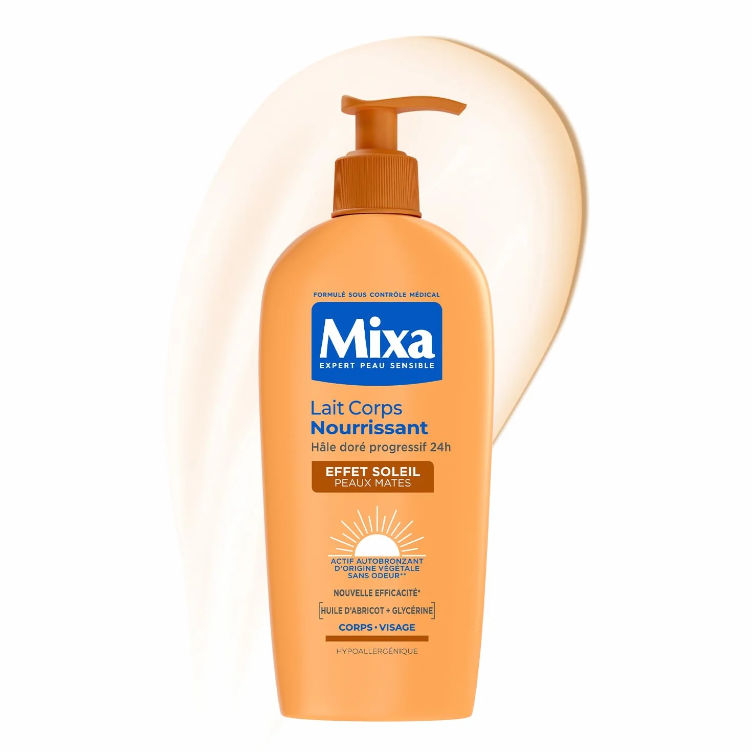 MIXA Autobronzant Lait Corps Nourrissant Effet Soleil Progressif 24H Nutrition Beurre de Karité Huile d’Abricot 250ml