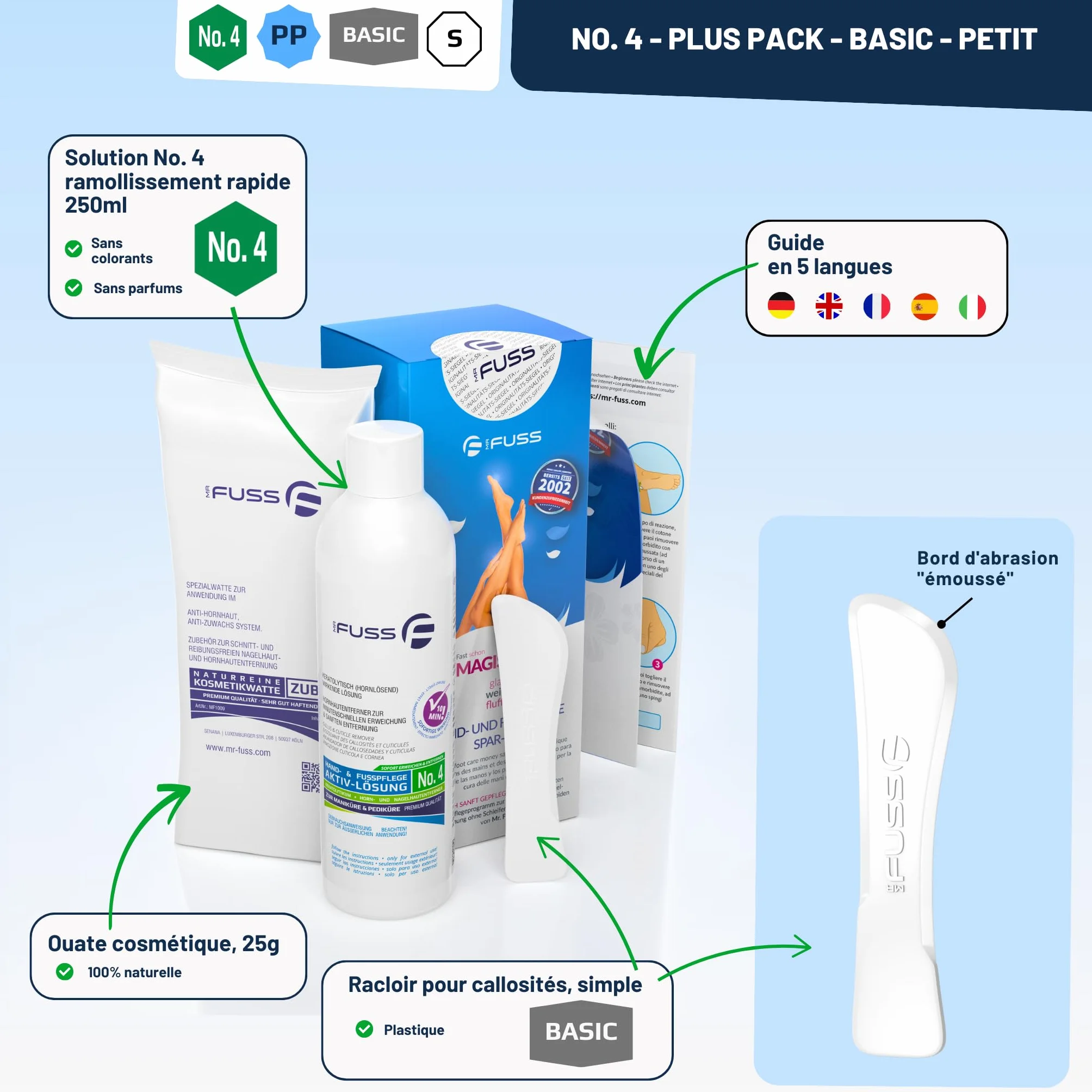 Mr. Fuss Solution Anti Callosités Dissolvant Pour les Cornes Lotion 250ml Set de Pédicure