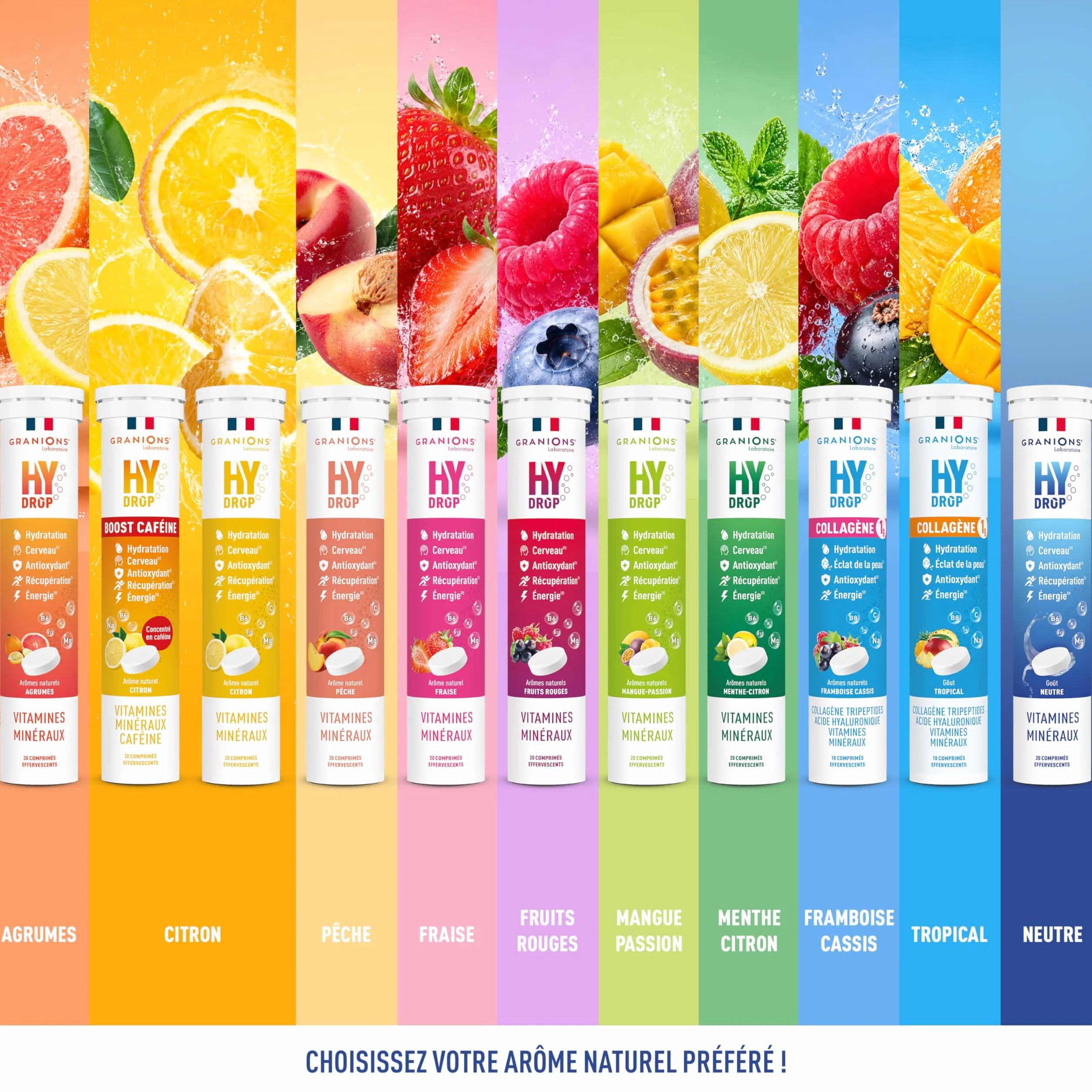 GRANIONS HYDROP Pastilles Hydratation Pêche Sans Sucres Électrolytes Magnésium 20 Pastilles Effervescentes