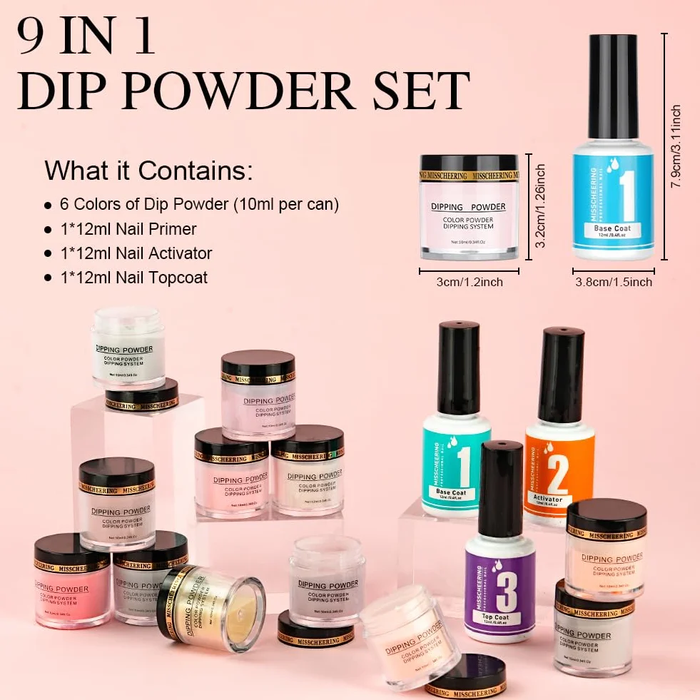 LOPHE Dip Powder Nail Kit 6 Couleurs Poudre et 3 Pcs Liquide Set Gel Base à Tremper Manucure DIY Salon Débutantes Cadeau Femmes Filles Tons clairs