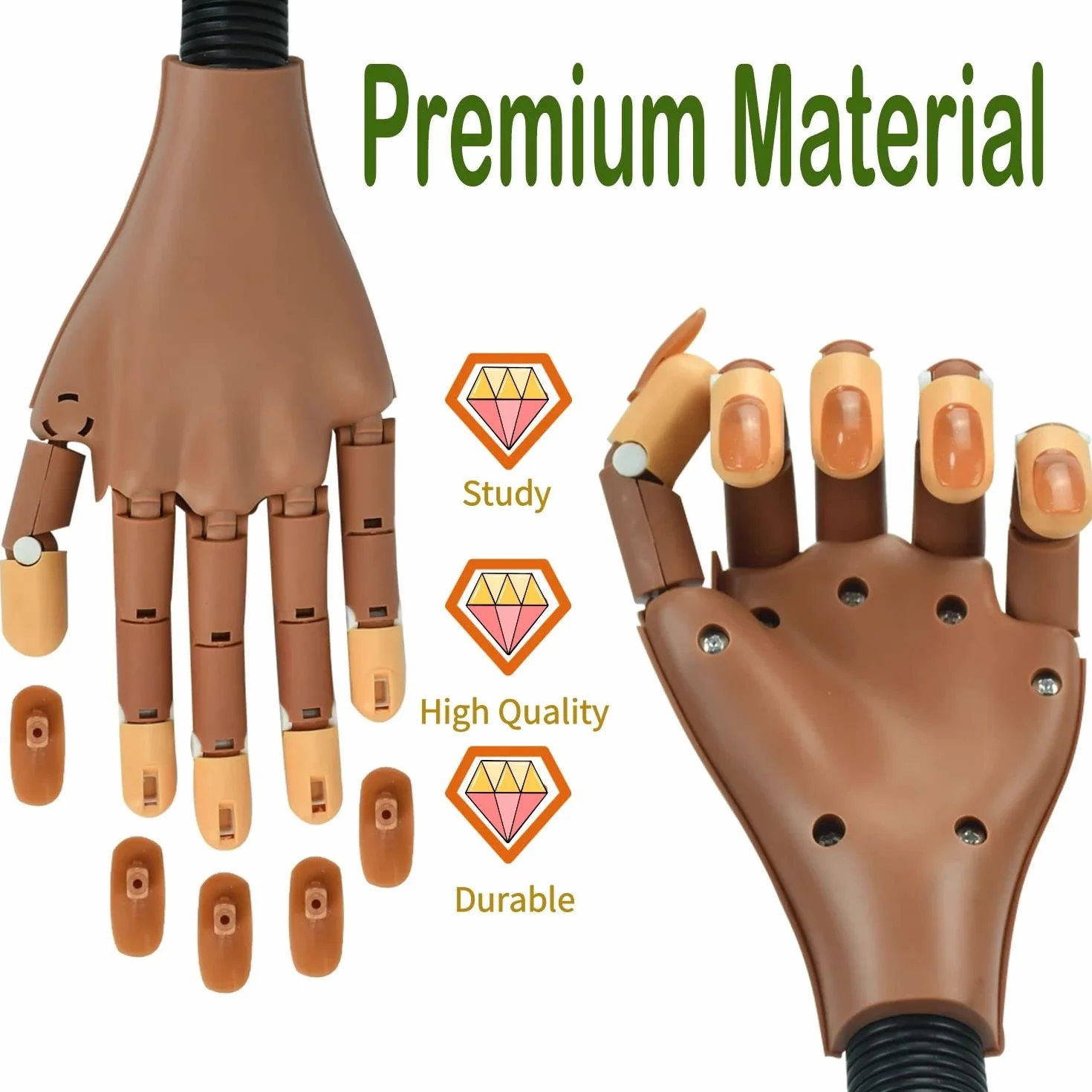 Main d'Entrainement Manucure, Faux ongles, 300 Morceaux d'Ongles et Fausse Main Manucure, Amovible Main Entrainement Ongles pour Manucure à Ongles Bricolage (brun)