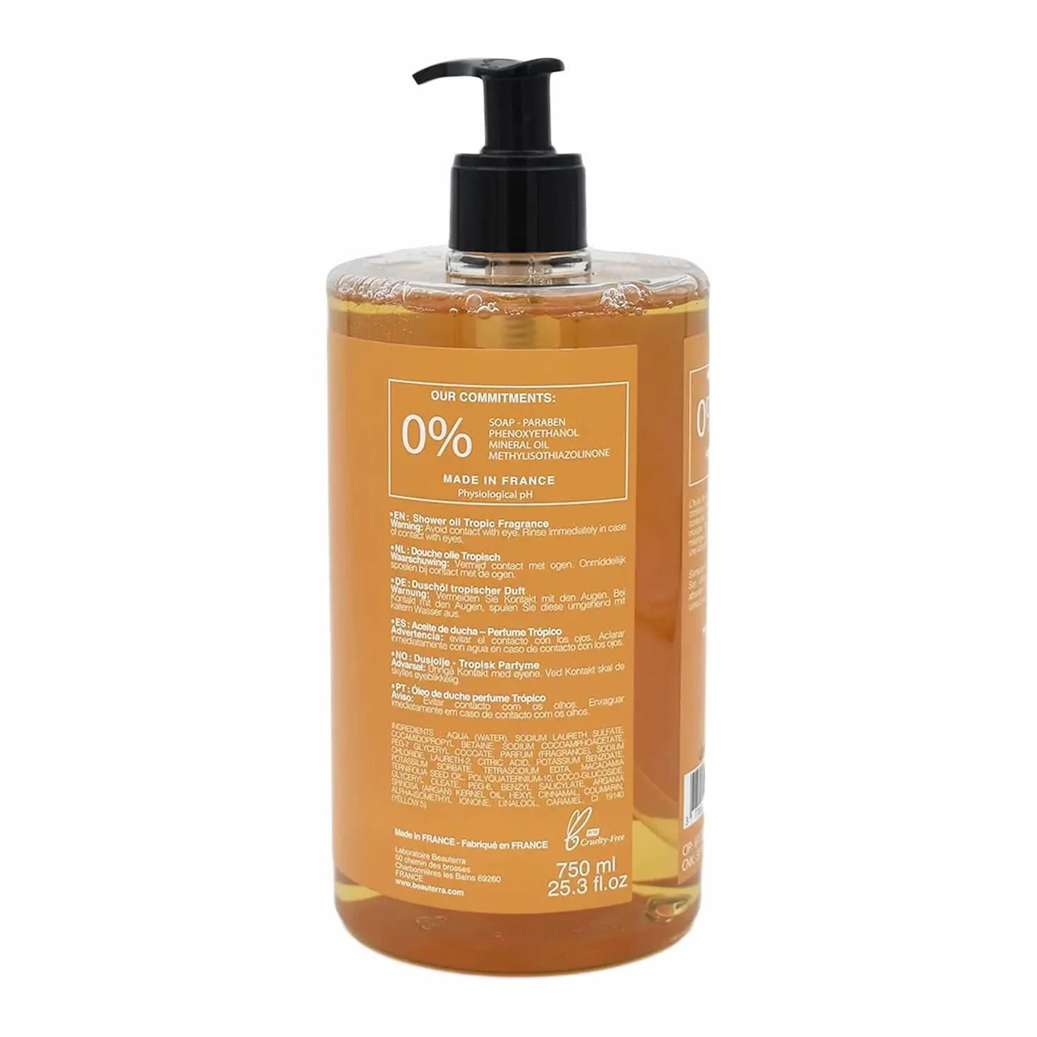 BeauTerra - Huile de Douche, 750 ml - Tropical - Sans Savon - à l'Huile d'Argan et Macadamia Bio - Hydrate et Rajeunit - Fabriqué en France (Lot de 2)