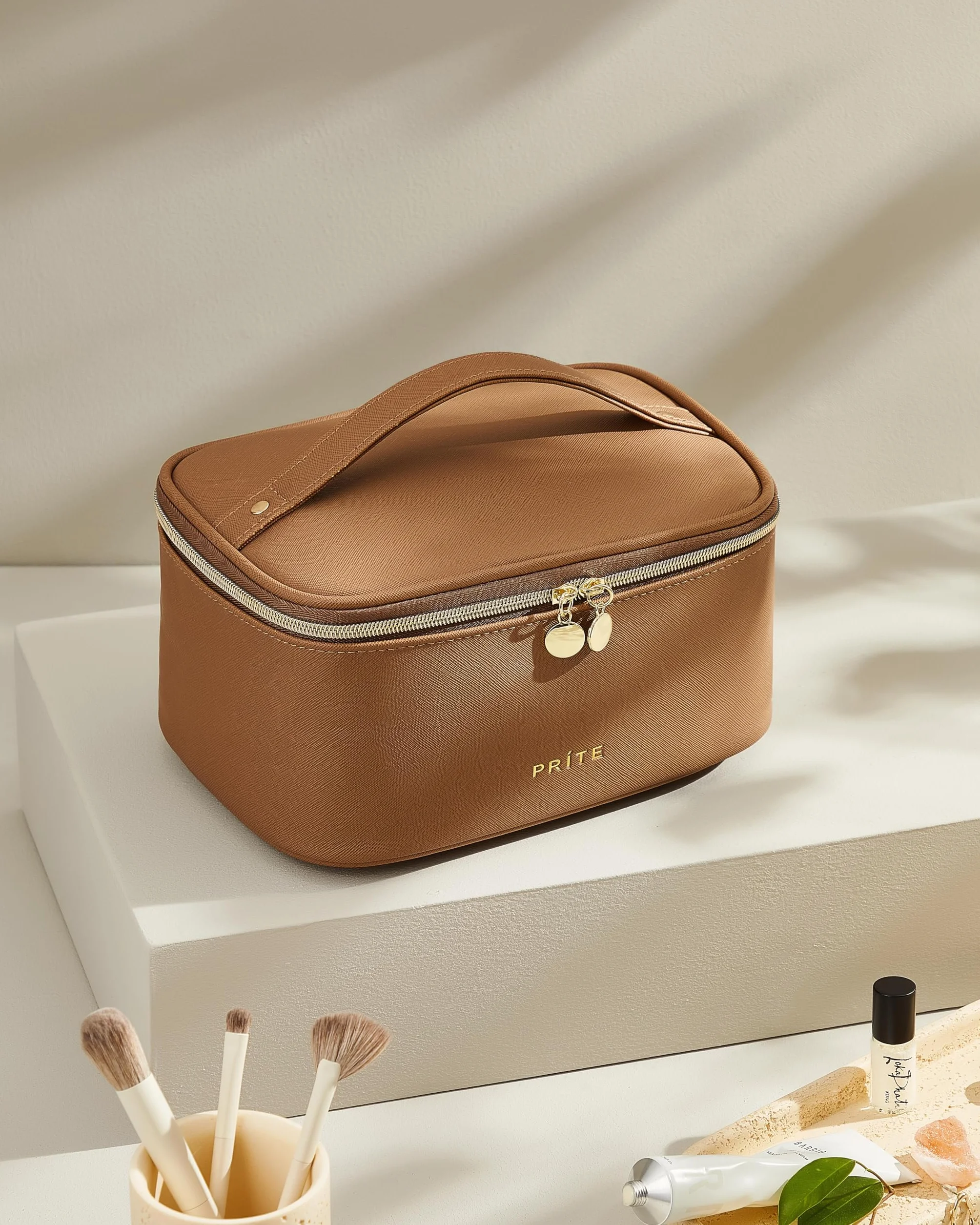 Prite Grand Trousse de Maquillage Femme Vanity Voyage Cuir Imperméable Poignée Séparateur Amovible Marron