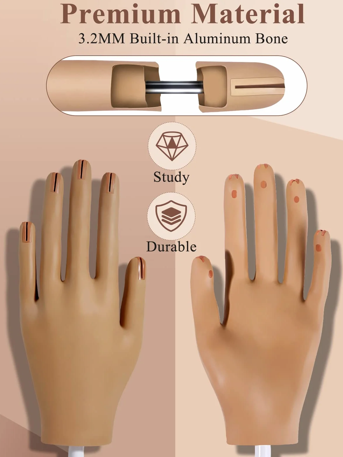 Yokilly Main d Entrainement Pour Ongle,Silicone Main D'entrainement Manucure Avec 200 Faux Ongles,Professionnels Flexible Réglables Modèle Main Femelle Pour Ongle (Mains Le Brun)