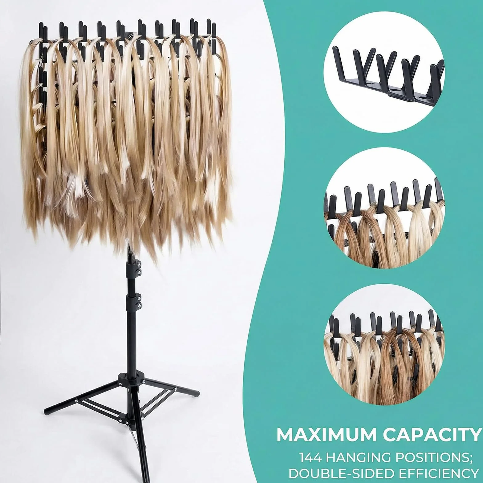 Support de Perruque Réglable avec 144 Crochets, Porte-Extensions de Cheveux pour Tresses et Braids, Support Suspendu à Hauteur Réglable pour Coiffeur et Salon