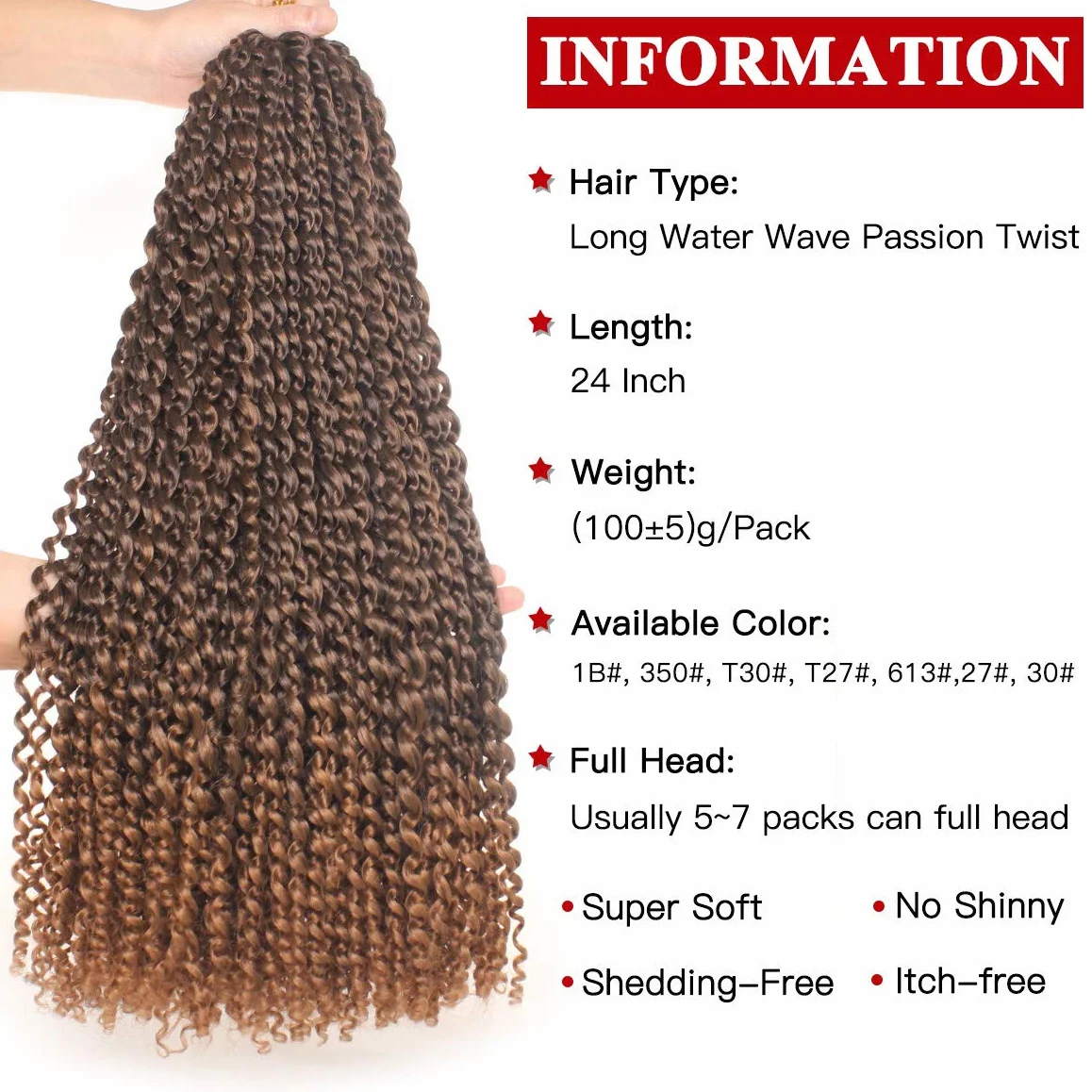 Xtrend 24 pouces Passion Twist Hair Ombre 7 Packs Water Wave Crochet Hair pour Long Passion Twist Crochet Hair Long Bohème Tressage Extensions de cheveux 18 brins/pack T30#