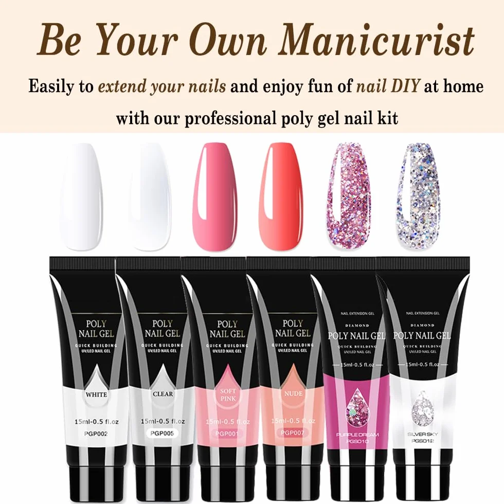 Kit de démarrage extensions d'ongles polygel 6 couleurs avec solution antidérapante outils manucure