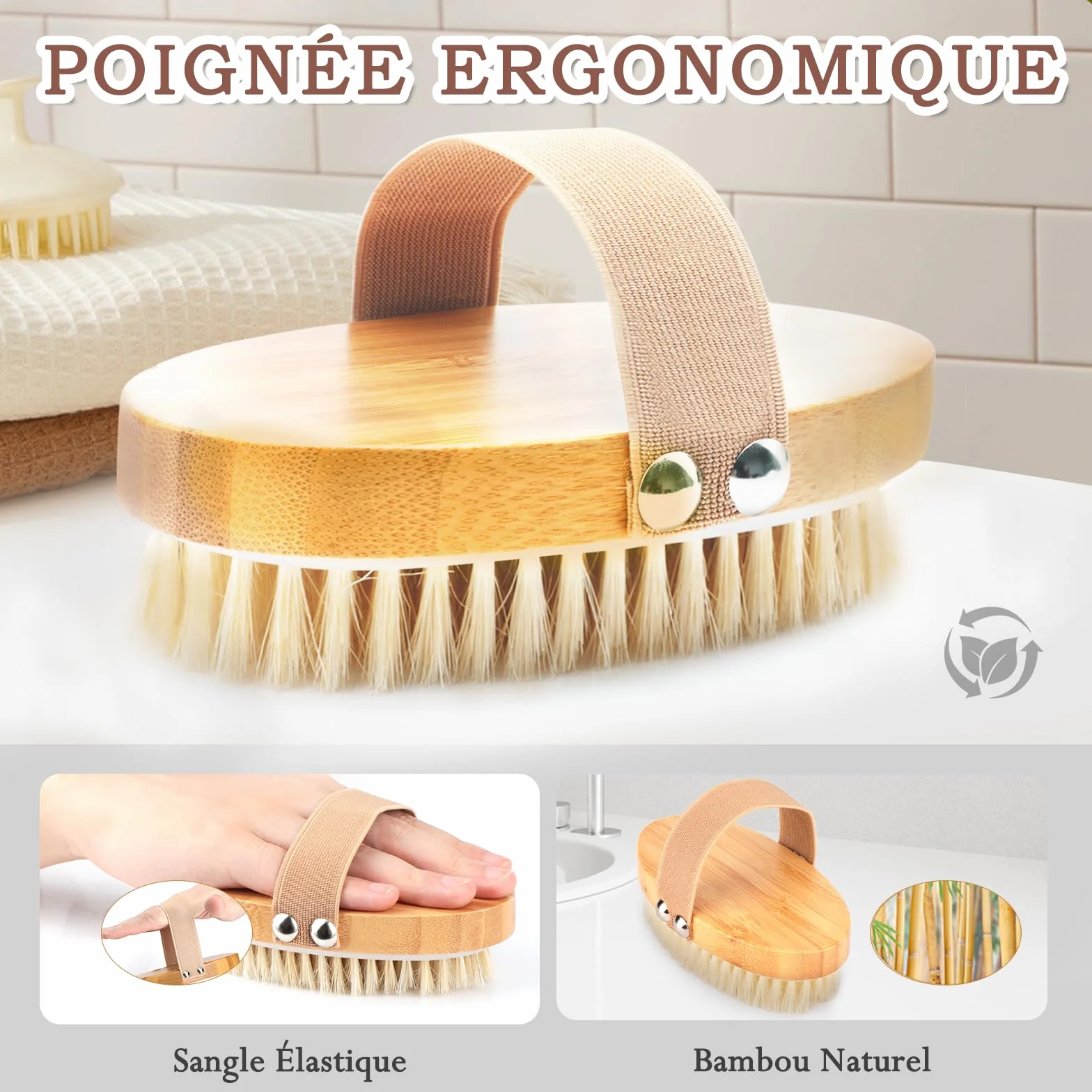 FREATECH Brosse de Gommage Corps, Poils Naturels Exfoliants Peau Sèche, Anti-Cellulite, Circulation Sanguine