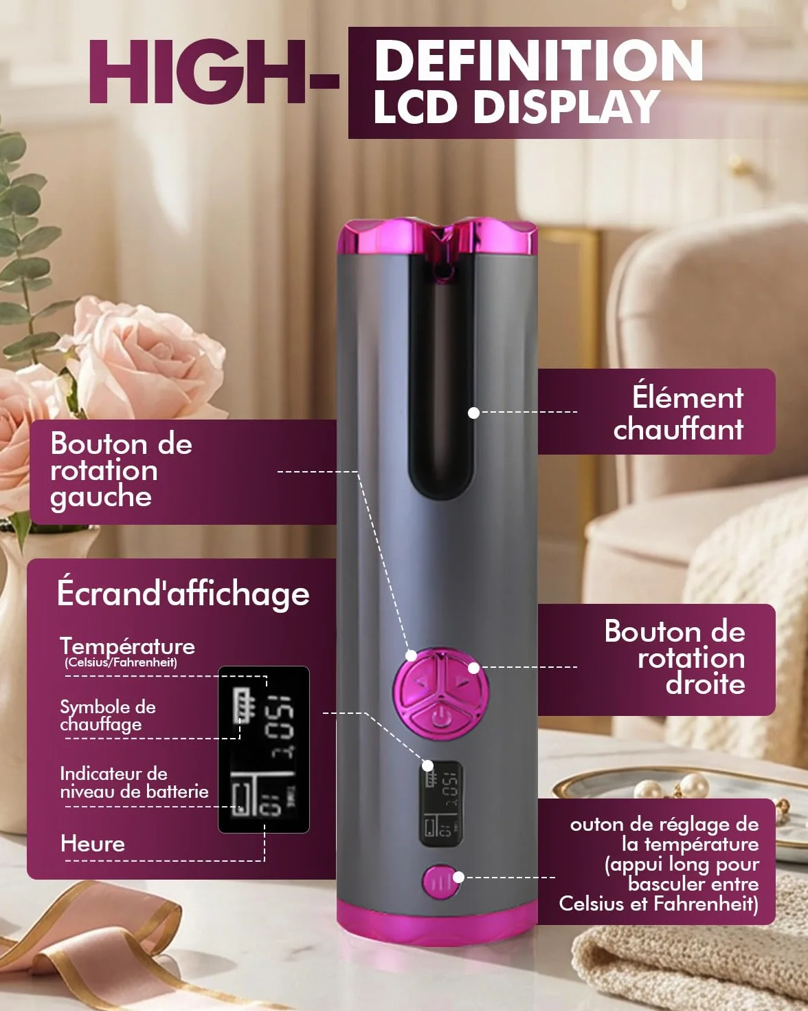 Fer a Boucler Cheveux Automatique Sans Fil Fer a Friser 5200mAh USB Rechargeable a Friser avec 6 Réglages de Température & Minuteur, Boucleur Anti-Brûlure Chauffage Rapide pour Cheveux Longs Courts
