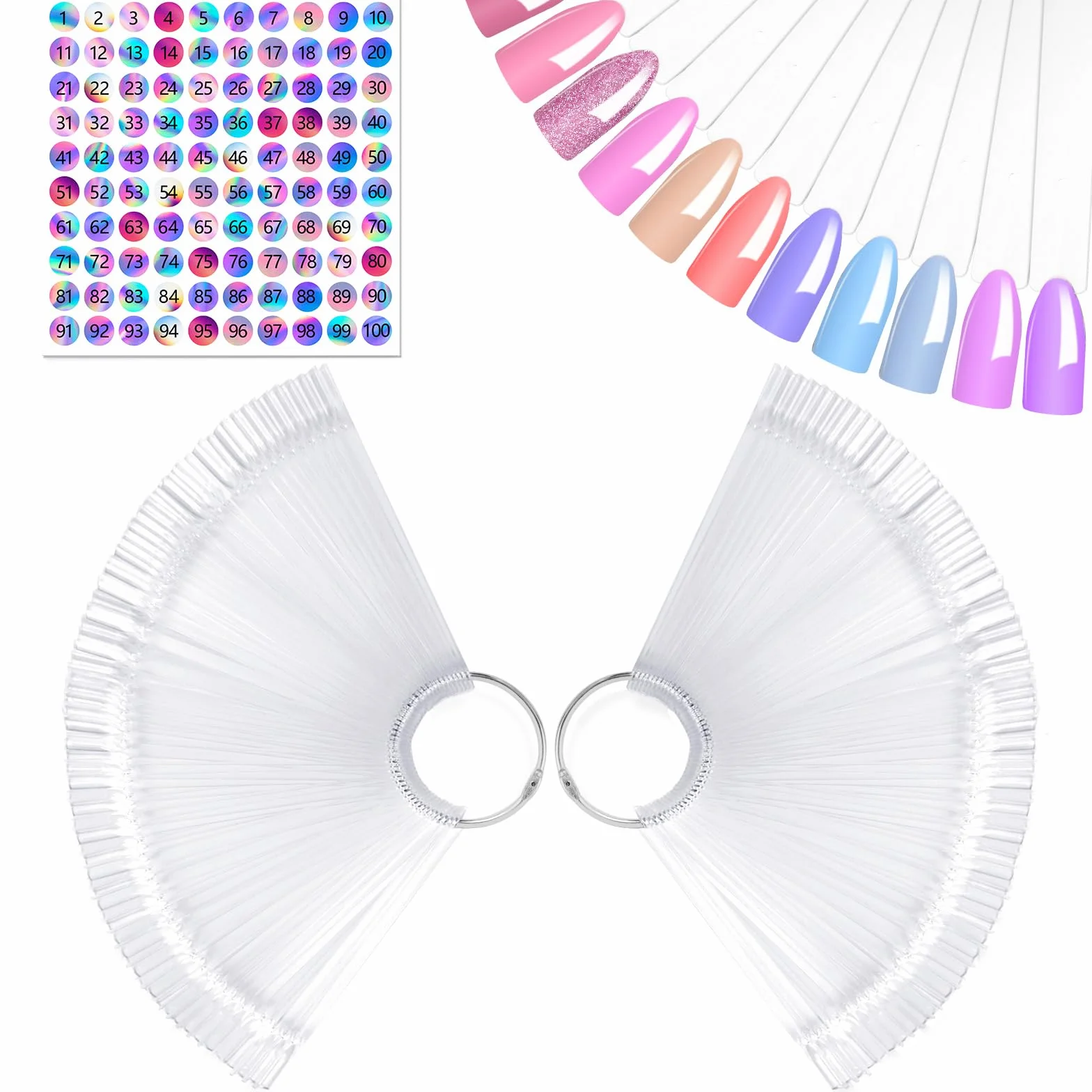 Palette Maquillage Vernis à Ongles, Nuancier Ongles 100 Pièces, Présentoir avec Autocollants Numérotés Transparentes