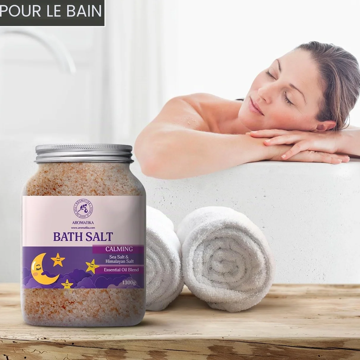 Sel de Bain Calmants 1300g - Huiles Essentielles de Bois de Lavande & Bergamote & Santal - Pur & Naturel - Bon Sommeil - Détente - Soulagement du Stress - Bain - Beauté - Relaxant