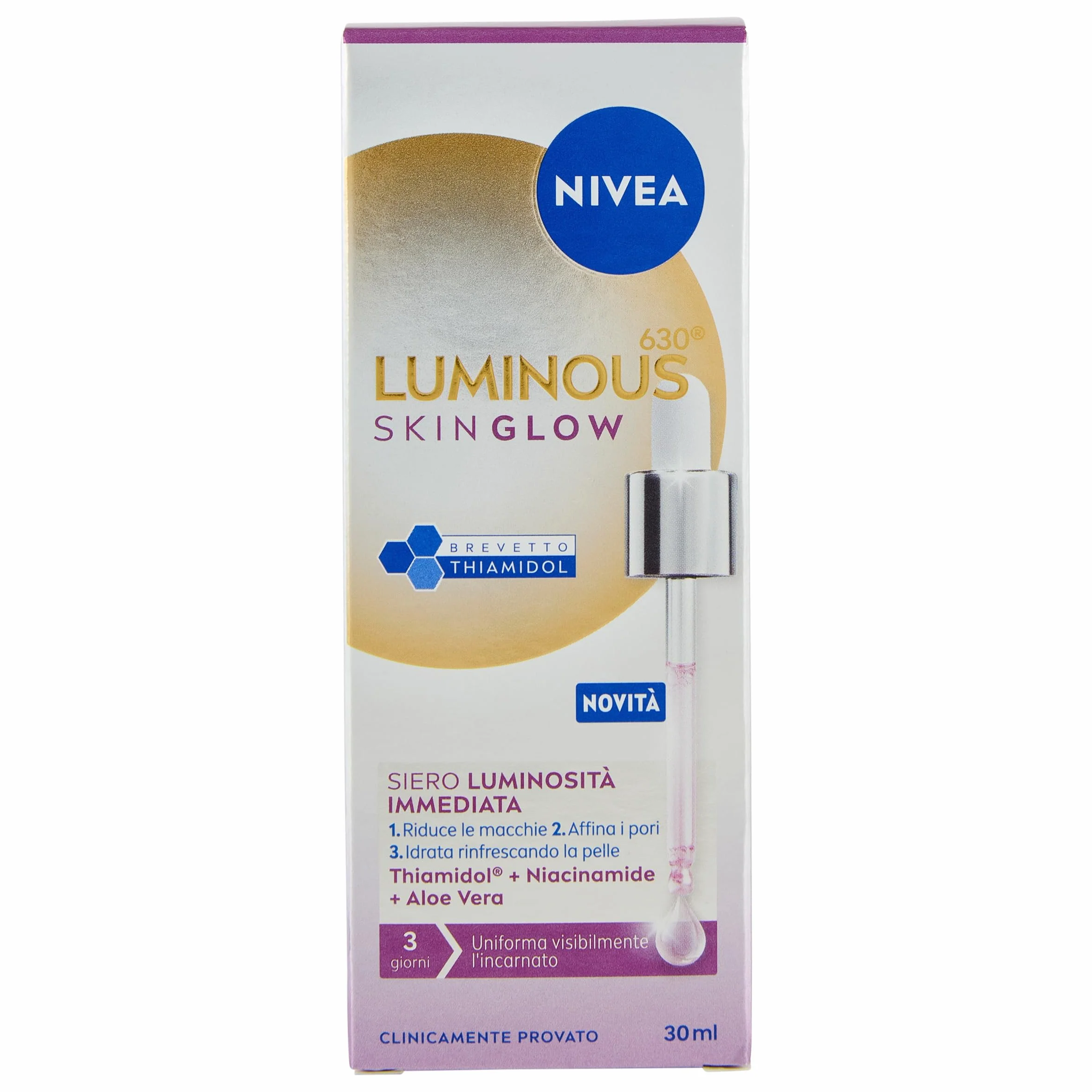 NIVEA Luminous630 Skin Glow Sérum visage lumineux instantané 30 ml Sérum hydratant anti-taches pour un teint uniforme et éclatant Sérum visage avec niacinamide Aloe