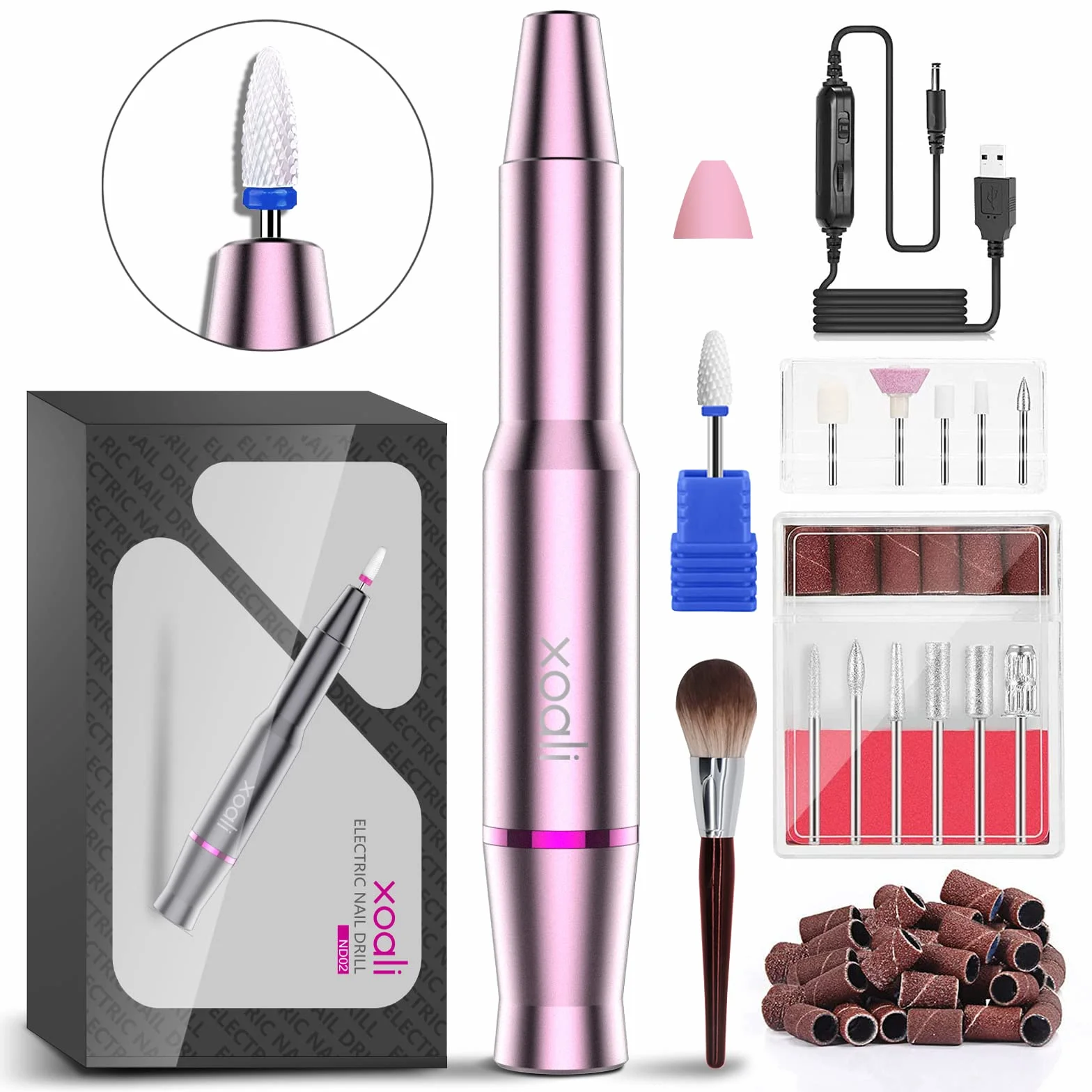 Ponceuse à Ongles Professionnelle 25000 tr/min 12 en 1 Lime Électrique avec Pointe Céramique - Rose