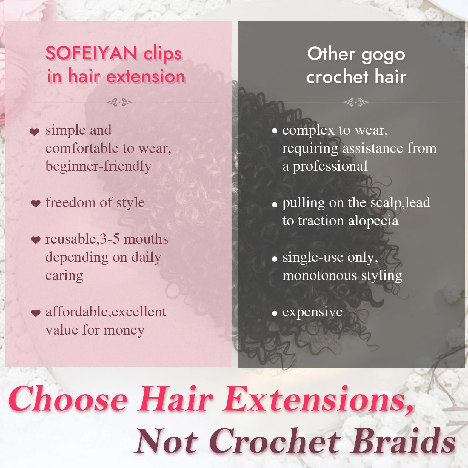 Sofeiyan 5 Pièces Afro Bouclé Extensions de Cheveux à Clips,40 cm Curly Bouclées Naturel Extensions de Cheveux Pour Femmes,Postiches Capillaires 100% Soie Protéinique Pure,Noir Naturel