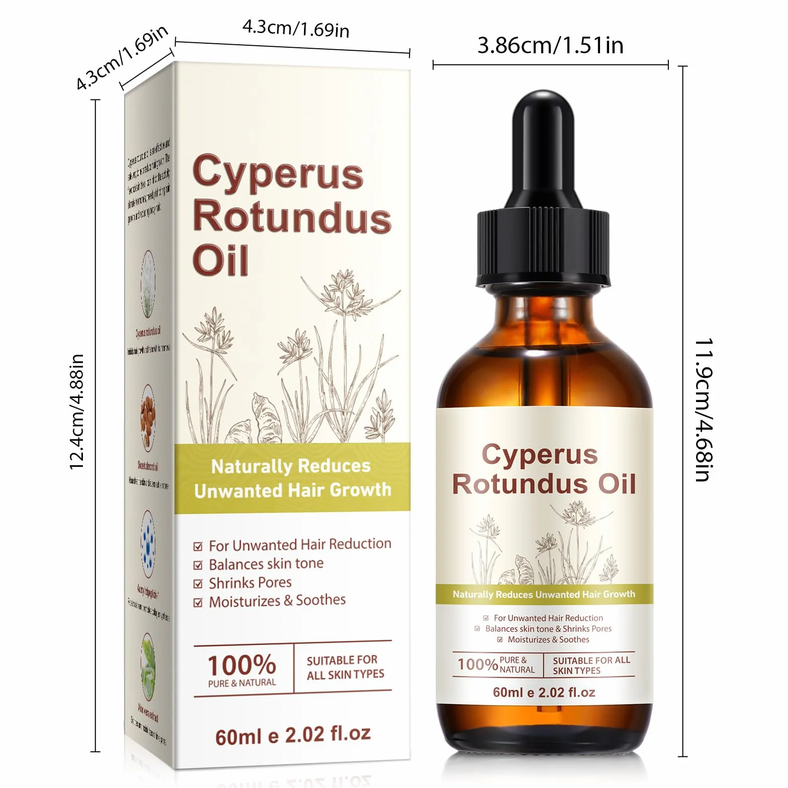 Huile Cyperus Rotundus Naturelle pour Épilation, Réduit la Croissance des Poils, Resserre les Pores, Hydrate la Peau (1 Pièce)