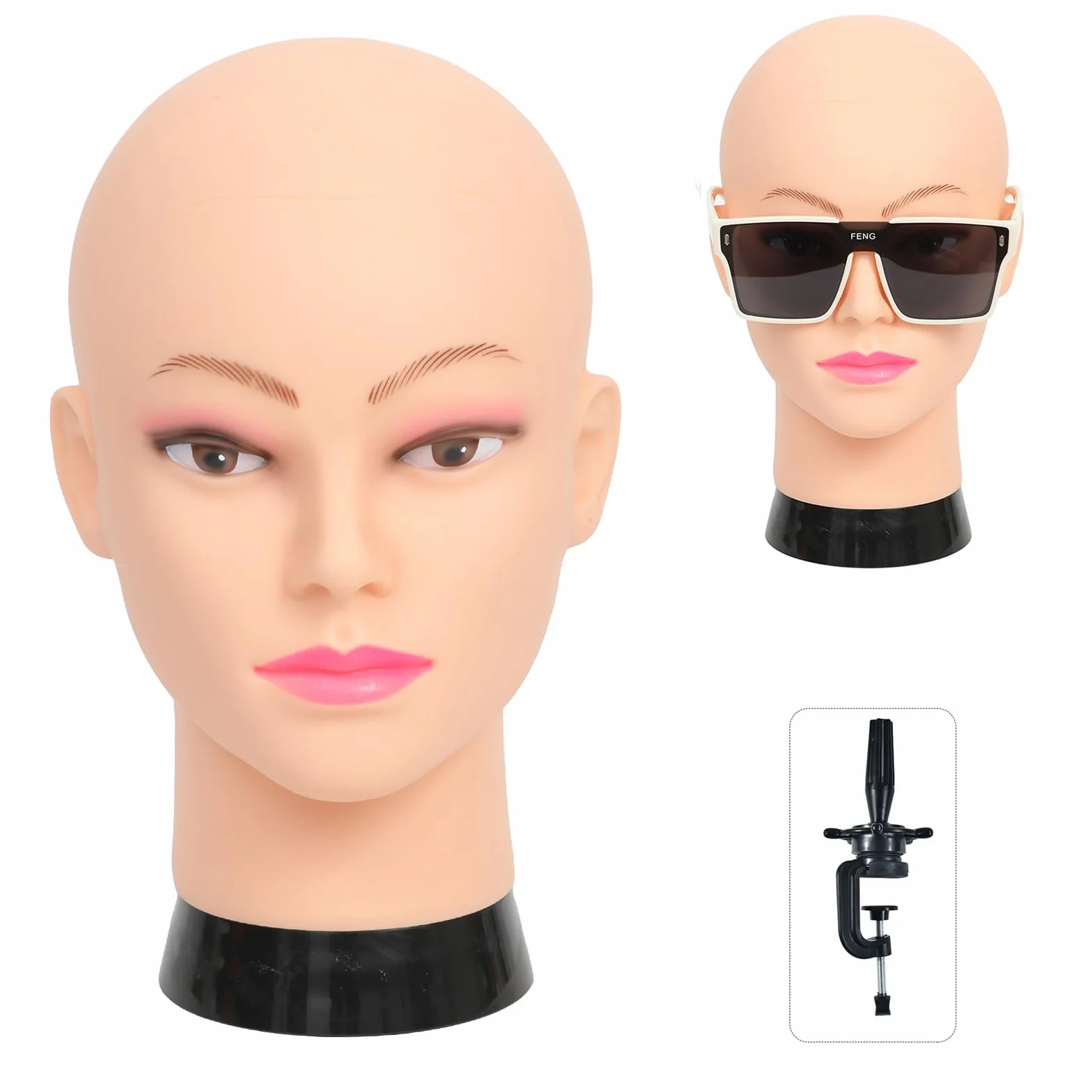 Tête de mannequin chauve pour femme - Tête de mannequin chauve pour la fabrication de perruques et présentoir - Avec pince de table gratuite (GT-B)