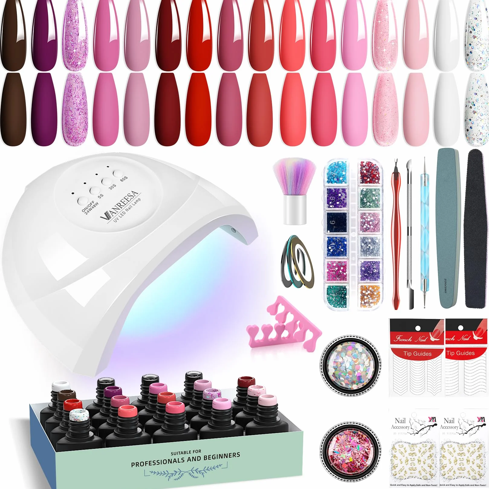 VANREESA Kit Vernis Semi Permanent Complet, 16 Couleurs Vernis Gel U V Semi Permanent avec Lampe à Ongles 48W U V LED et Décoration et Outils pour les Ongles, Cadeau pour les Femmes