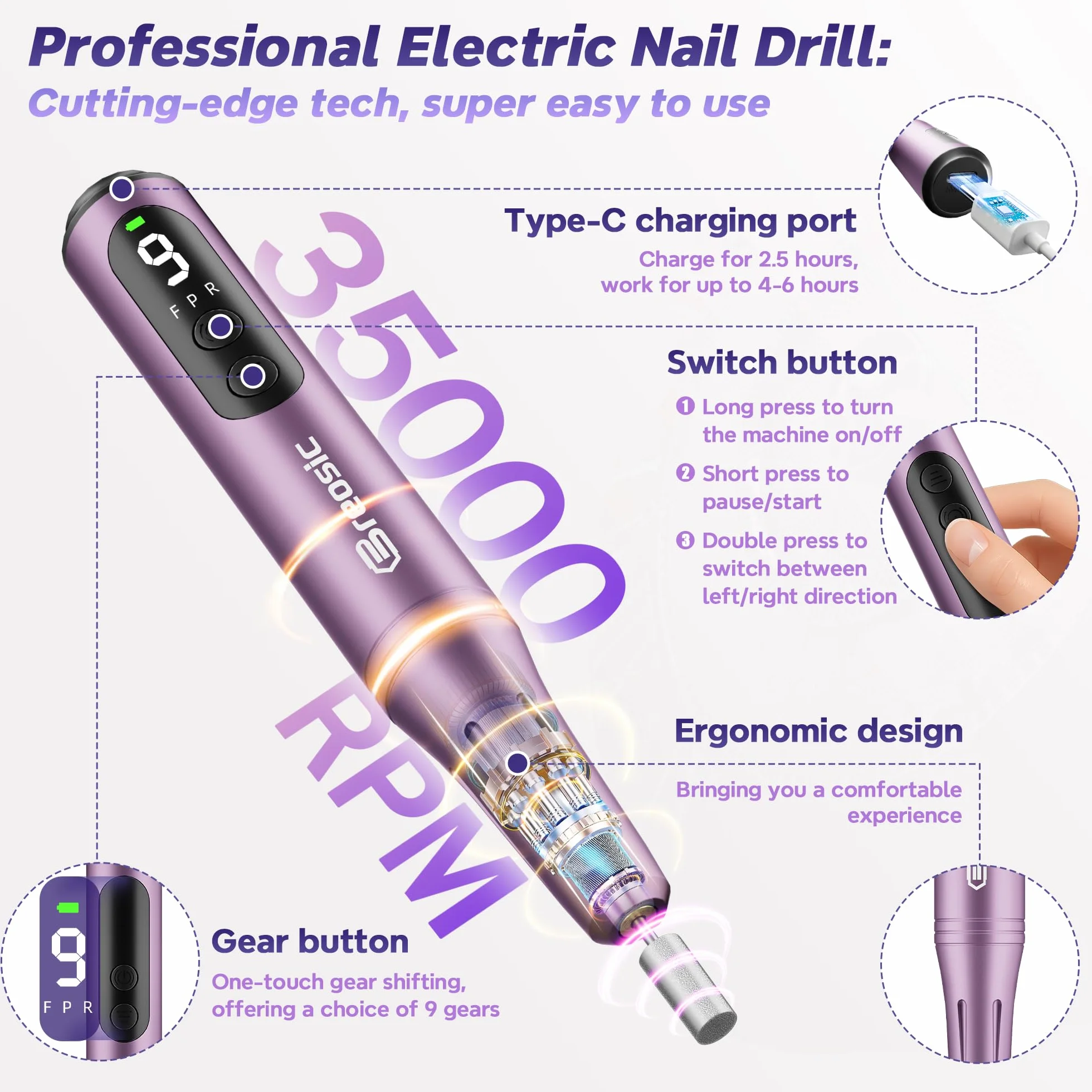 Ponceuse pour Ongles Professionnelle 35000 tr/min, Lime à Ongle Électrique Portable, 9 Vitesses Réglables, Kit Manucure Pédicure USB-C (Violette)
