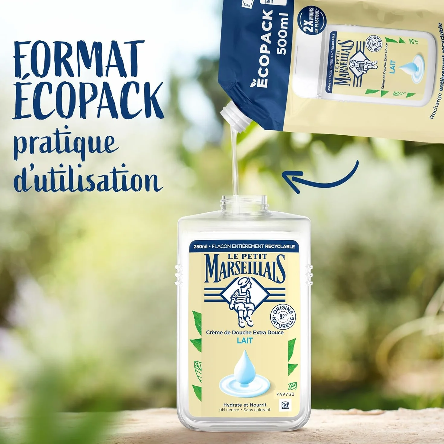 Le Petit Marseillais Recharge Crème de Douche Extra Douce Lait 500 ml – Gel Douche 92% Ingrédients Naturels pH Neutre
