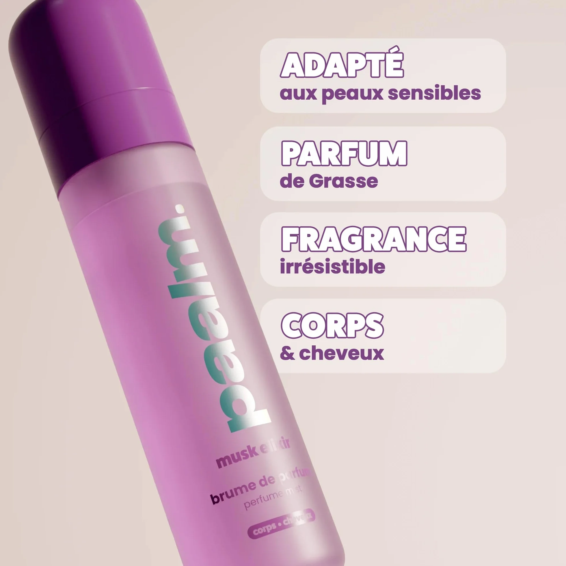 Paalm Cosmetics- Brume Parfumée Musk Elixir - 100 ml - Pour Corps Cheveux et Vêtements Notes Musc Blanc Rose de Damas Vanille Oud Fabriquée à Grasse Formule Clean Longue Tenue