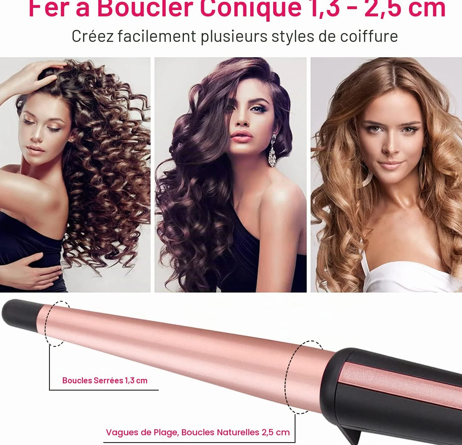 Boucleur à cheveux professionnel 25mm conique céramique avec gant résistant à la chaleur JAETON