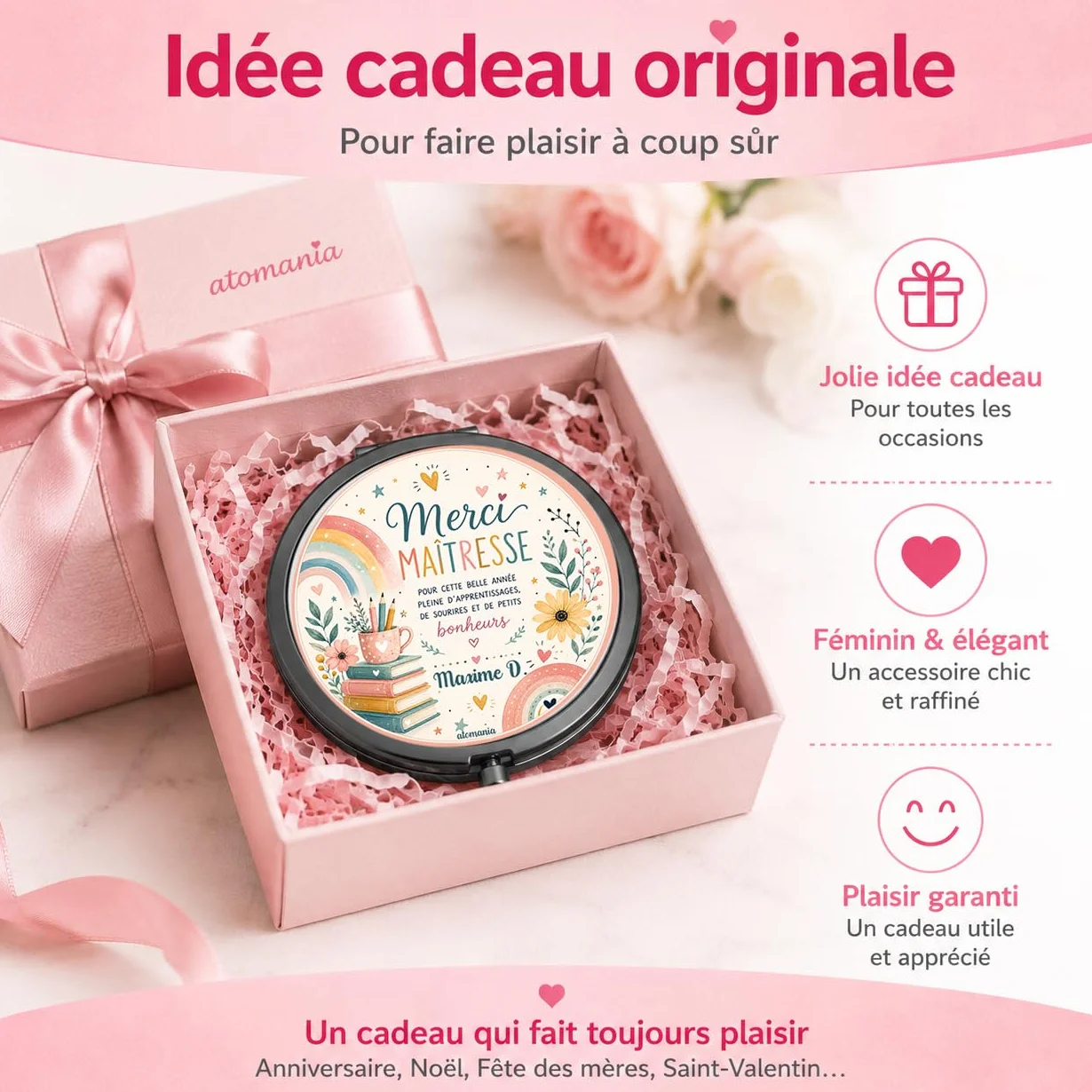 Miroir de Poche Personnalisé Merci Maîtresse – Cadeau Fin d'Année Scolaire – Miroir Compact Femme