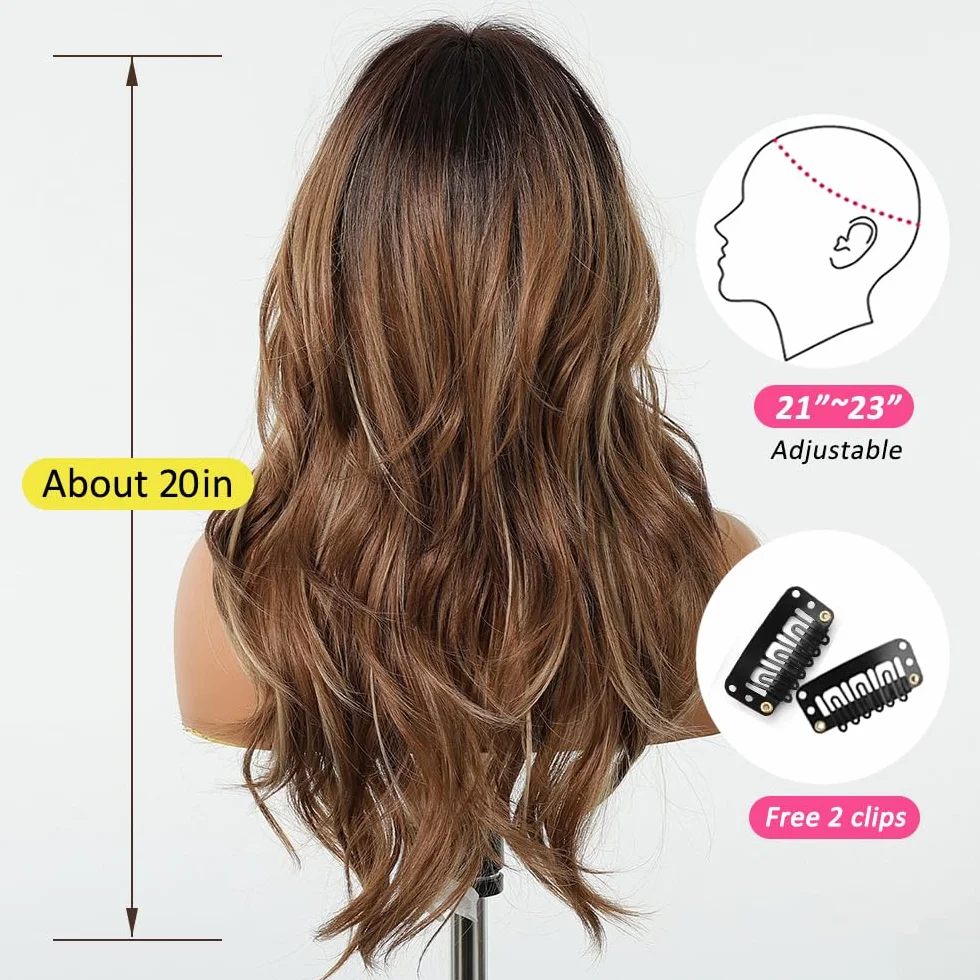 Longue Perruque mixte Brune avec Franges Perruques Ondulées Naturelles pour Femmes Cheveux Synthétiques Naturels Perruques Résistantes à La Chaleur pour La Fête Quotidienne Cosplay Wear