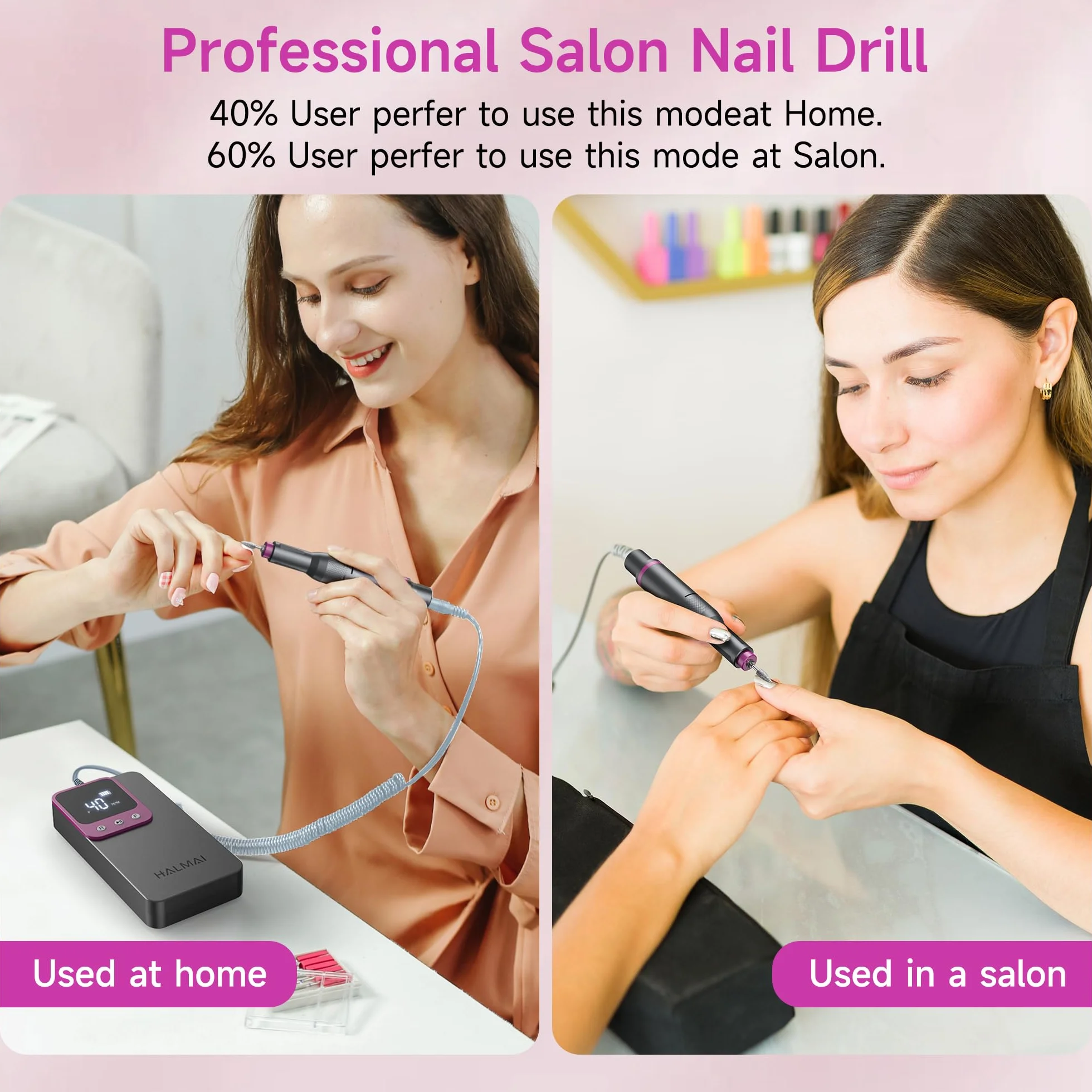 HALMAI Ponceuse à ongles professionnelle sans fil 40000RPM HMC320, Lime acrylique rechargeable gris foncé