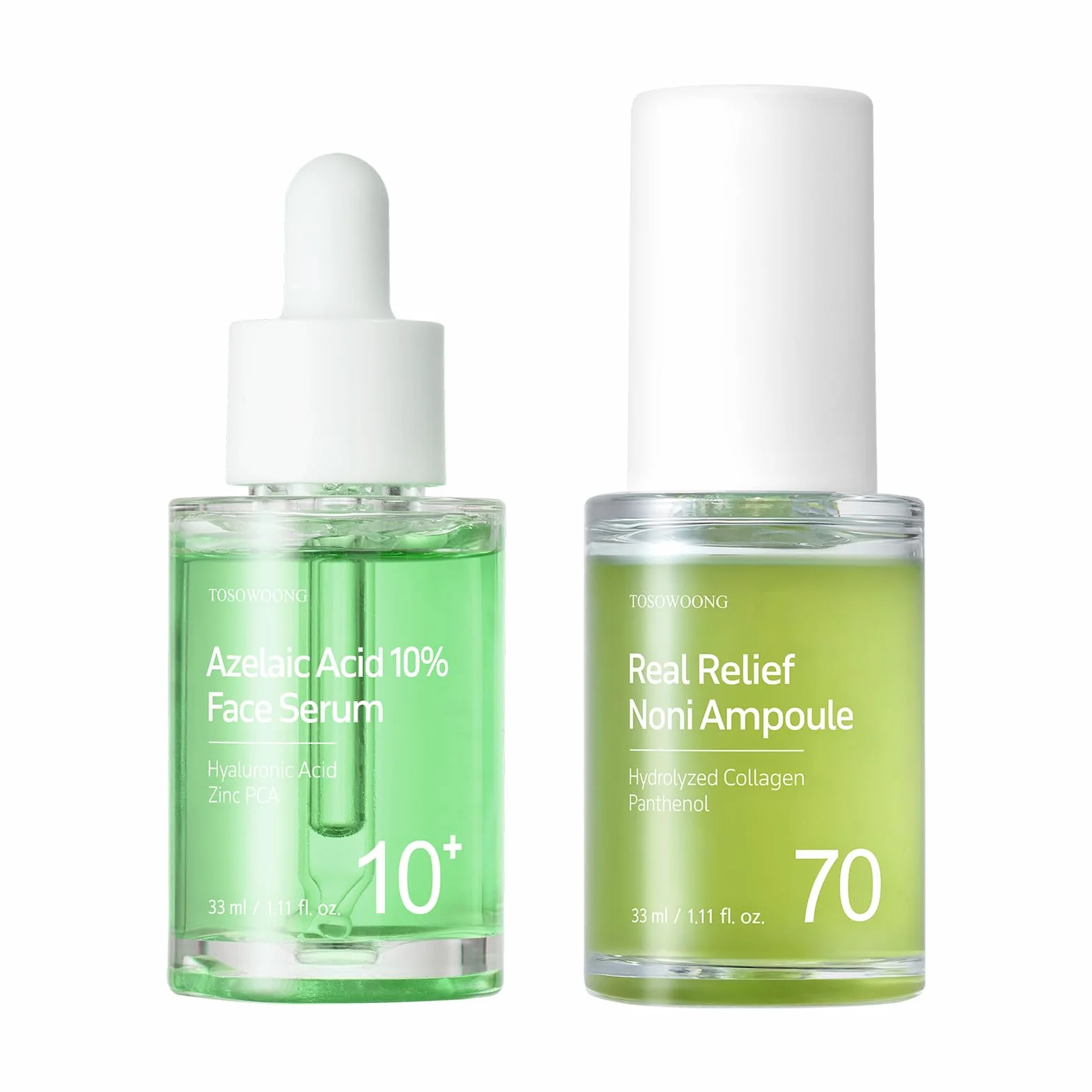 Duo Apaisant & Hydratant : Sérum Visage Acide Azélaïque 10% & Ampoule Real Relief Noni TOSOWOONG pour une Peau Claire et Éclatante