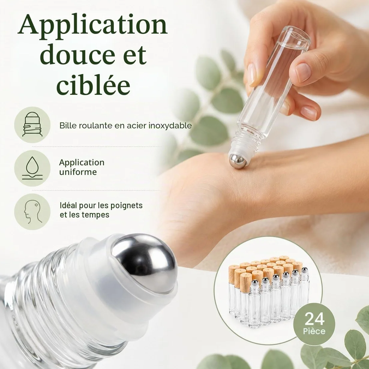 CYEER 24 Flacons Roll On Vide 10ml, Bouteilles en Verre Transparent avec Billes en Acier Inox et Bouchons Aspect Bois, Kit DIY pour Huiles Essentielles, Parfum, Aromathérapie et Voyage