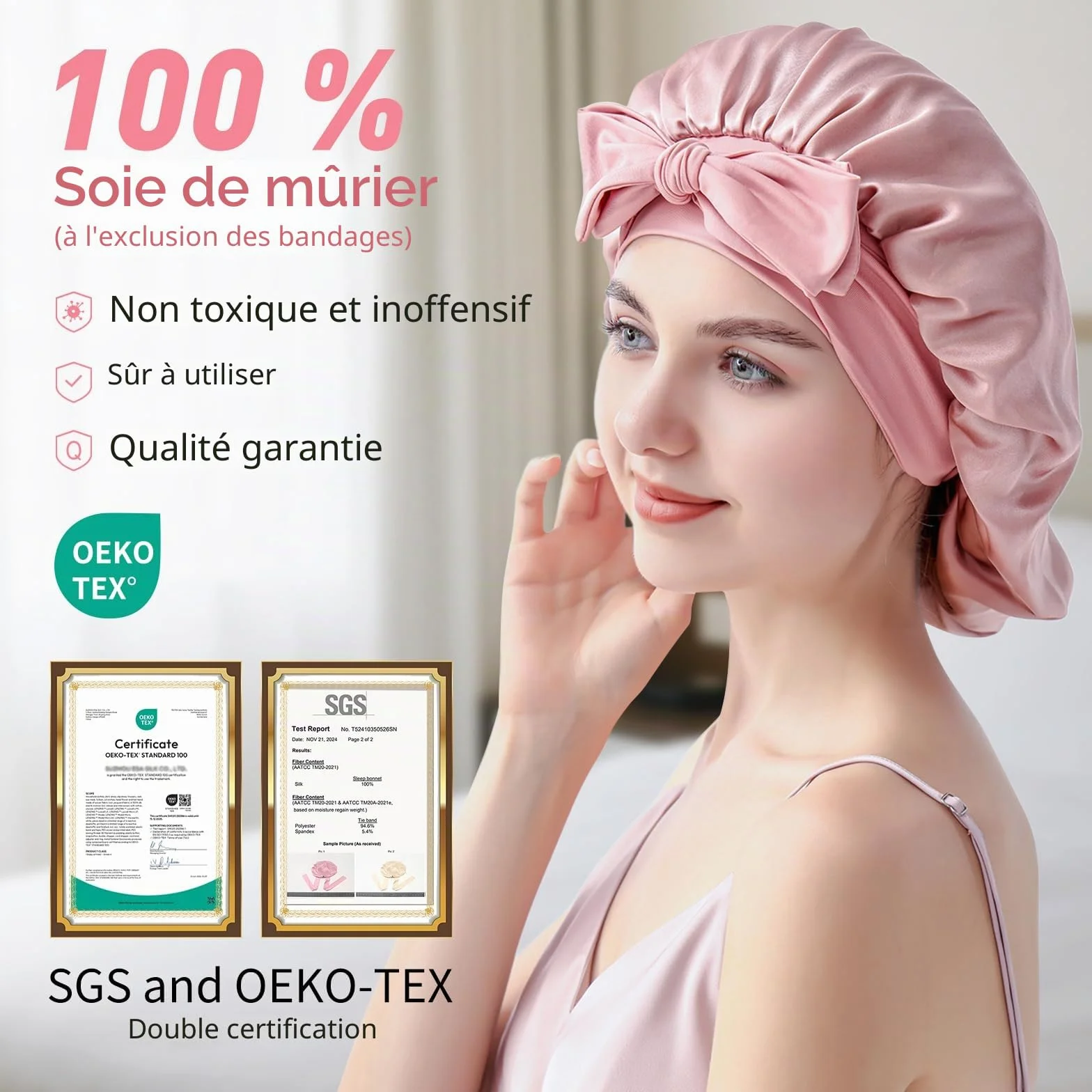 bonnet soie cheveux nuit, 22 Momme double couche silk bonnet, 100% soie de mûrier, doux et confortable, utilisable des deux côtés, convient à tous les types de cheveux - Rose