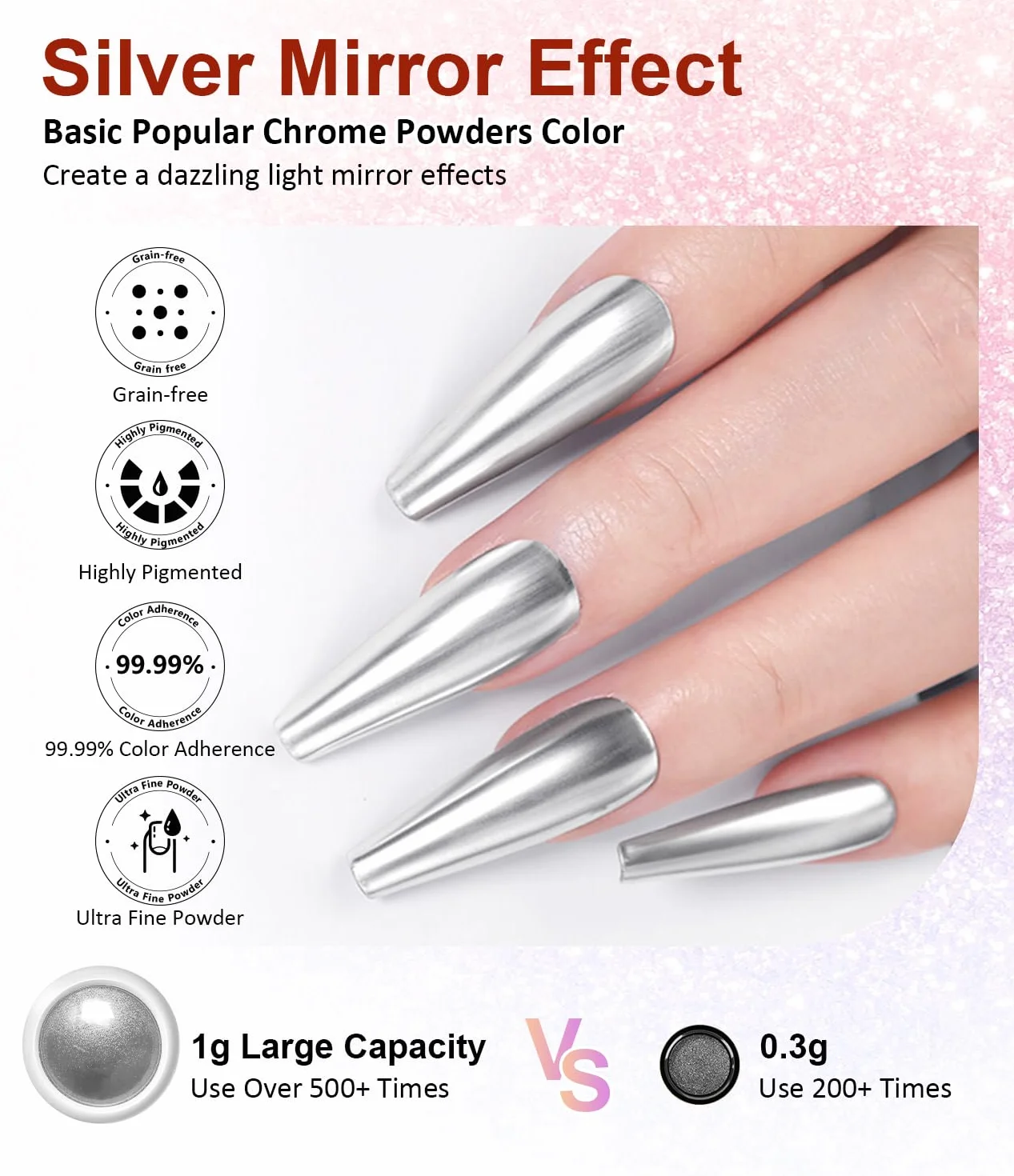 Poudre Chrome Ongle Argent BISHENGYF Miroir Effet Holographique 2PCS Nail Art