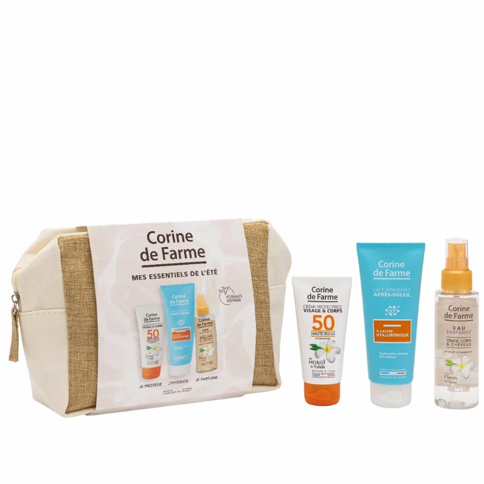 Trousse Essentiels Solaires Voyage Corine de Farme SPF 50 Crème Visage 50 ml, Eau Parfumée des Îles 100 ml, Lait Après-Soleil Acide Hyaluronique 100 ml
