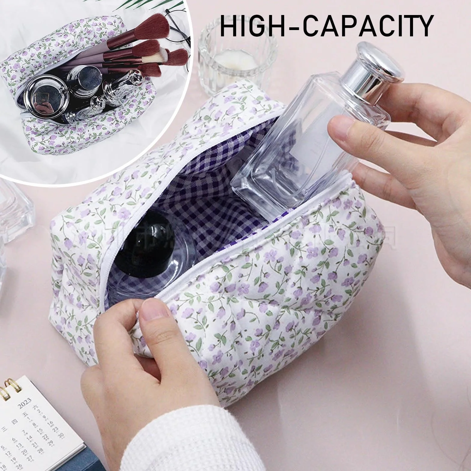 Trousse de Maquillage Florale, Petite Trousse de Toilette pour Femmes et Filles